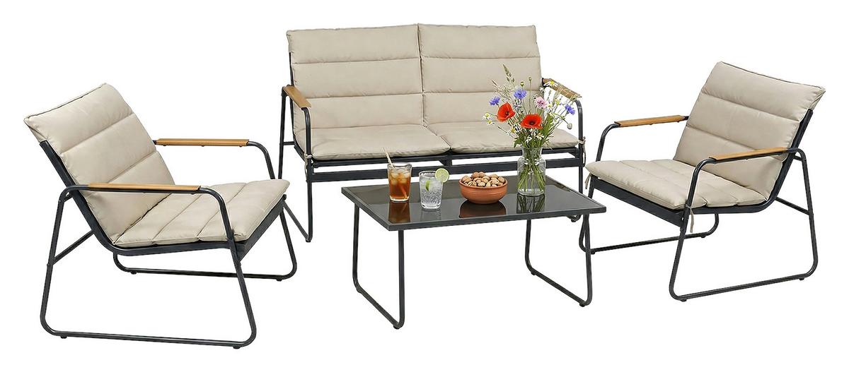 Loungegarnitur Lexila 4-teilig Creme - Creme/Schwarz, MODERN, Glas/Kunststoff - Gardenson