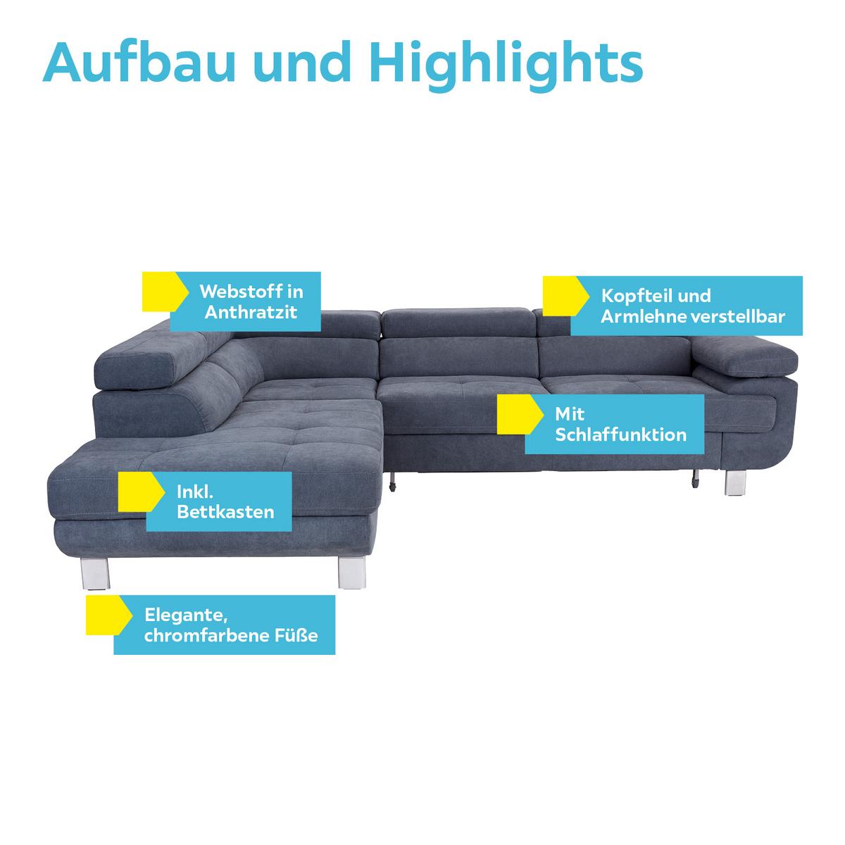 Ecksofa Mit Schlaffunktion & Bettkasten Savona Blaugrau - Blaugrau, MODERN, Textil (230/270cm) - Ondega