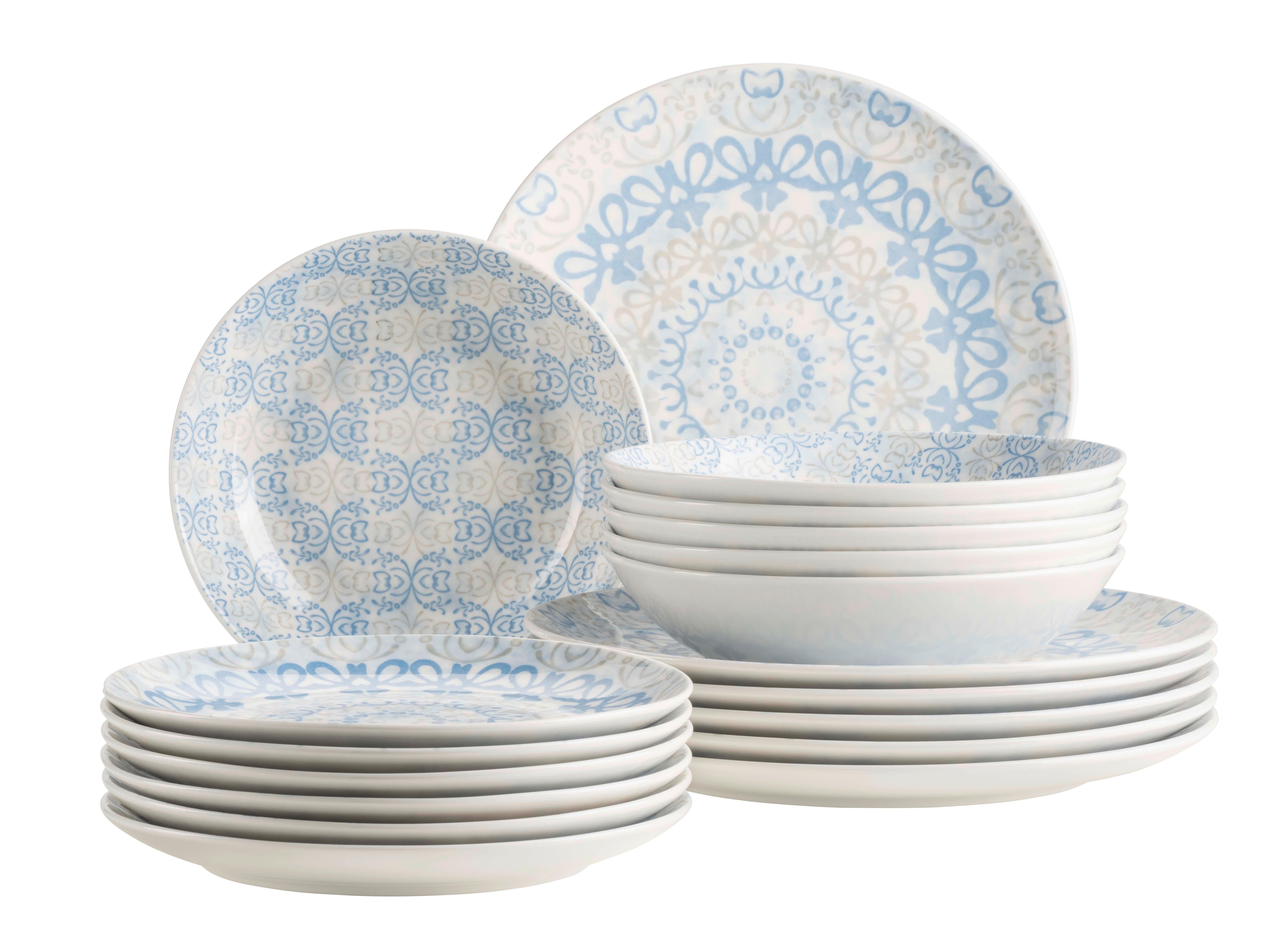 Tellerset 18 -Teilig. Blau/Weiß/Beige - Blau/Beige, Basics, Keramik - Mäser