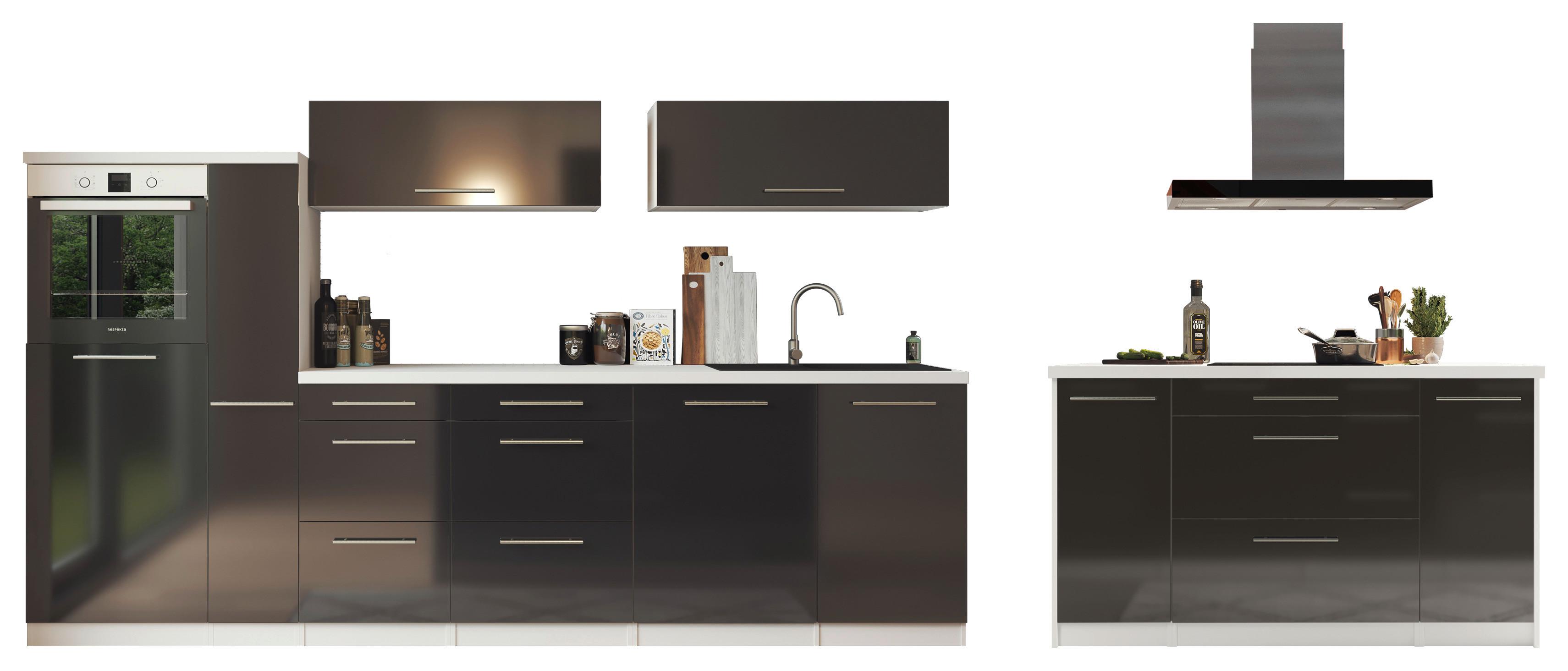 Küchenzeile Premium Mit Geräte 310 Cm Weiß/schwarz +kochinsel - Schwarz Hochglanz/Weiß, MODERN, Holzwerkstoff (310/160cm) - Respekta
