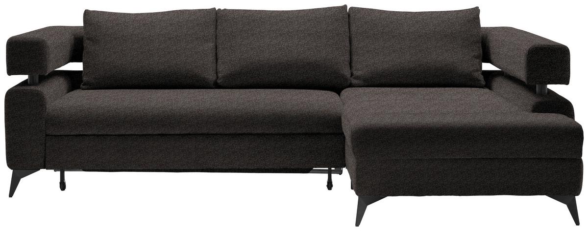 Rohová sedačka ROSALIE, pravá s úložným prostorem a lůžkem - tmavě hnědá/černá, Konvenční, kov/textil (265/184cm)