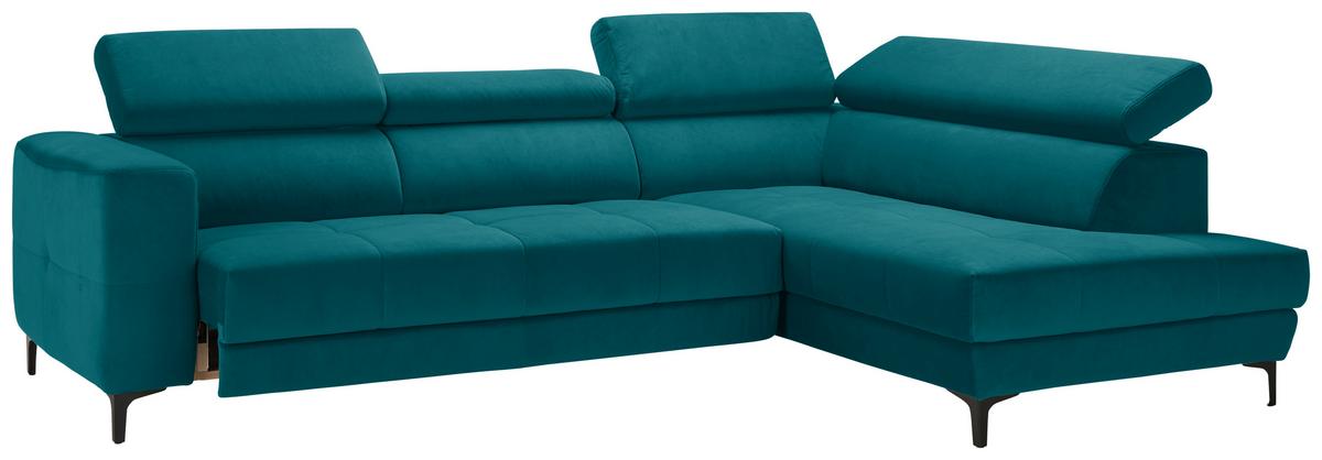 Rohová sedačka EMMA, pravá, petrolej.,op.hl.,USB,el.výsuv - petrolej/černá, Moderní, textil (301/210cm) - Premium Living