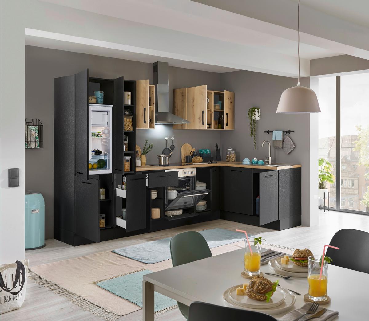 Eckküche Turin Schwarz/eiche Dekor 310x175 Cm - Schwarz/Eiche Artisan, Basics, Holzwerkstoff (310/175cm) - MID.YOU