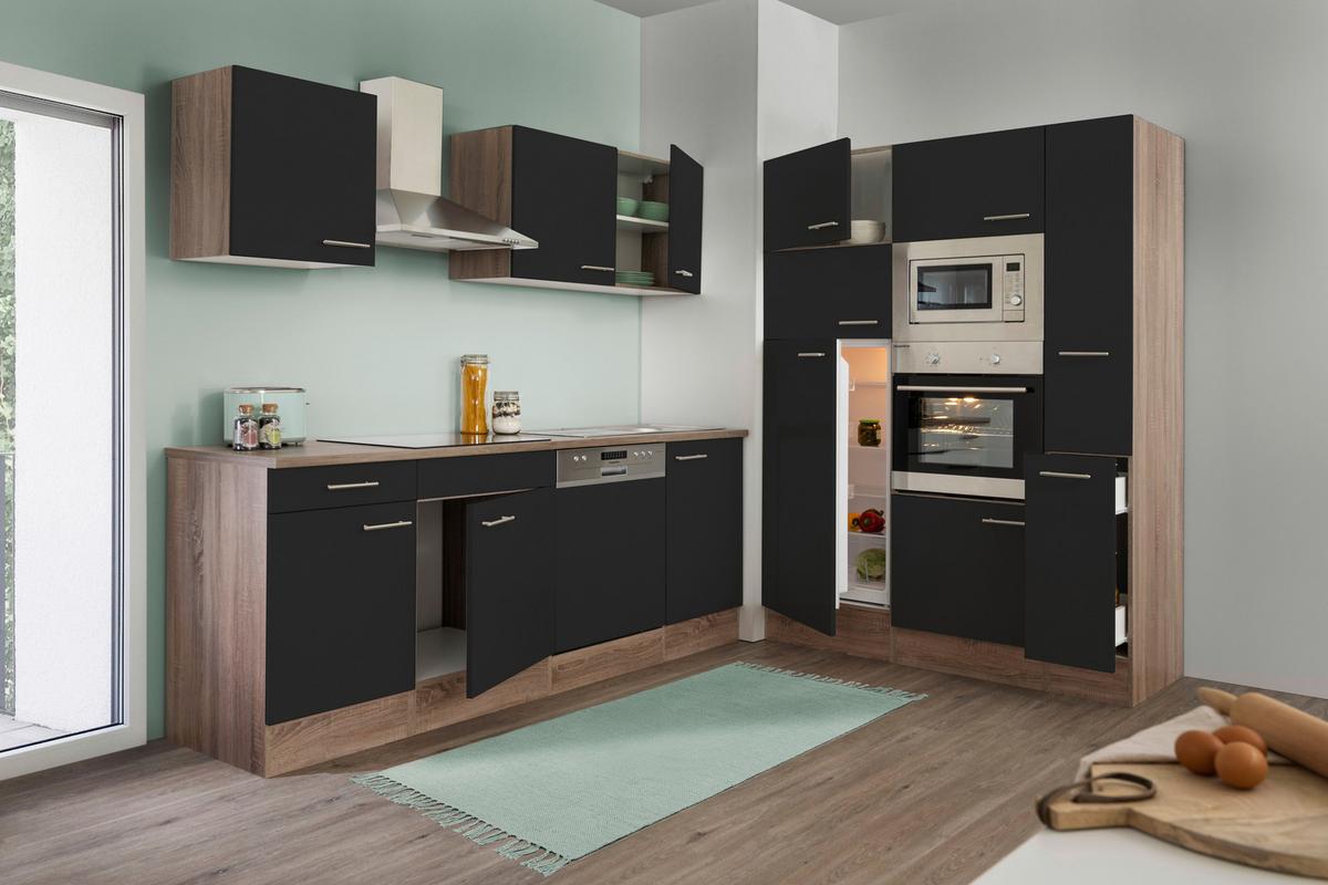 Küchenzeile ohne Geräte B: 370 cm Schwarz/Eiche Dekor - Eichefarben/Schwarz, Basics, Holzwerkstoff (370cm) - Respekta