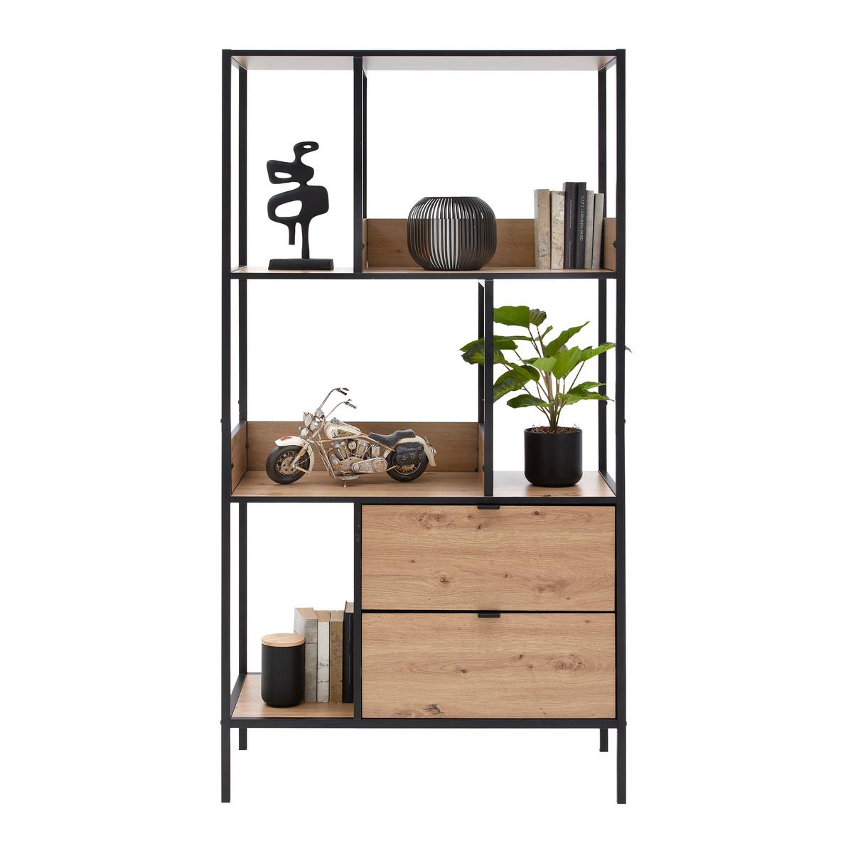 Regál QUEENS - čierna/prírodná farba, Modern, kov/kompozitné drevo (90/170/40cm) - Mömax
