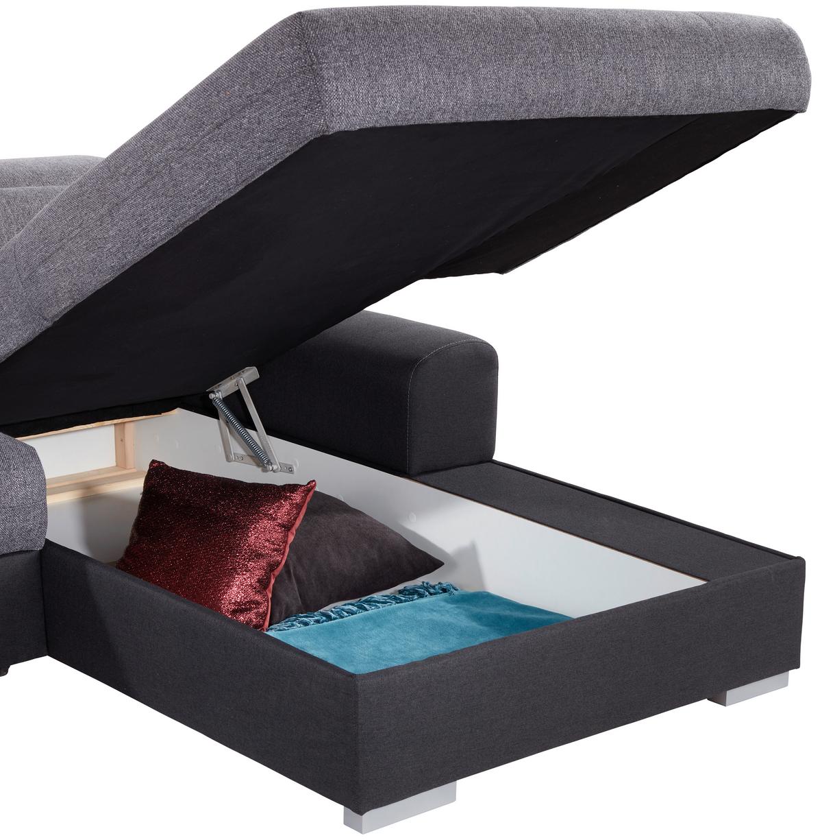 Ecksofa mit Schlaffunktion + Bettkasten Malaga, Webstoff - Silberfarben/Graphitfarben, KONVENTIONELL, Textil (286/203cm) - Ondega
