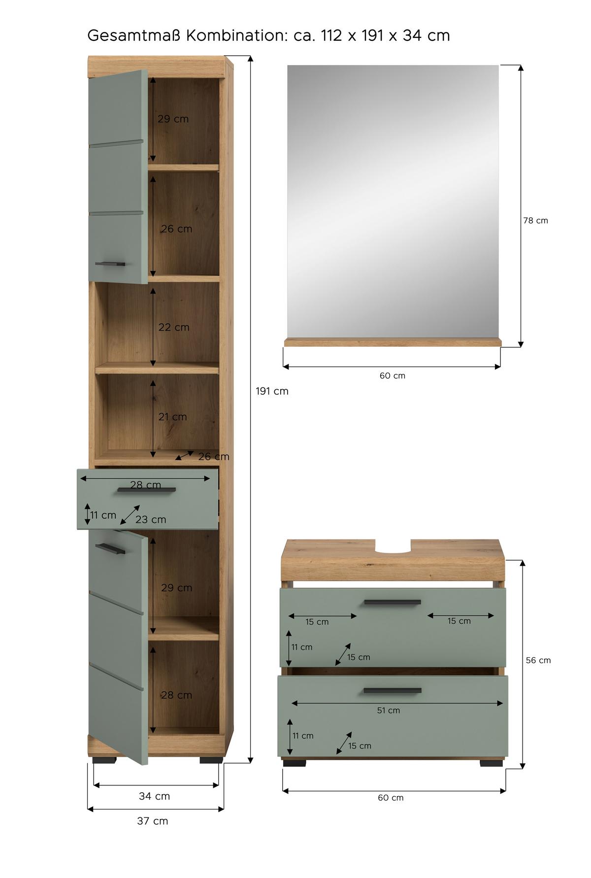 Badezimmer Scout Salbeigrün/Eiche D. B: 97 cm - Salbeigrün/Schwarz, MODERN, Holzwerkstoff (97cm) - MID.YOU