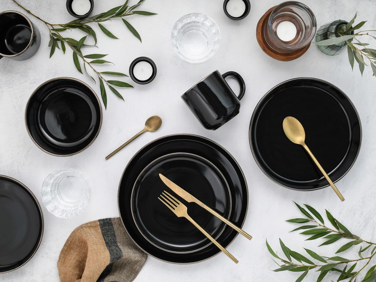 Kombiservice, 10-Teilig für 2 Personen, Steinzeug - Goldfarben/Schwarz, Basics, Keramik - Creatable