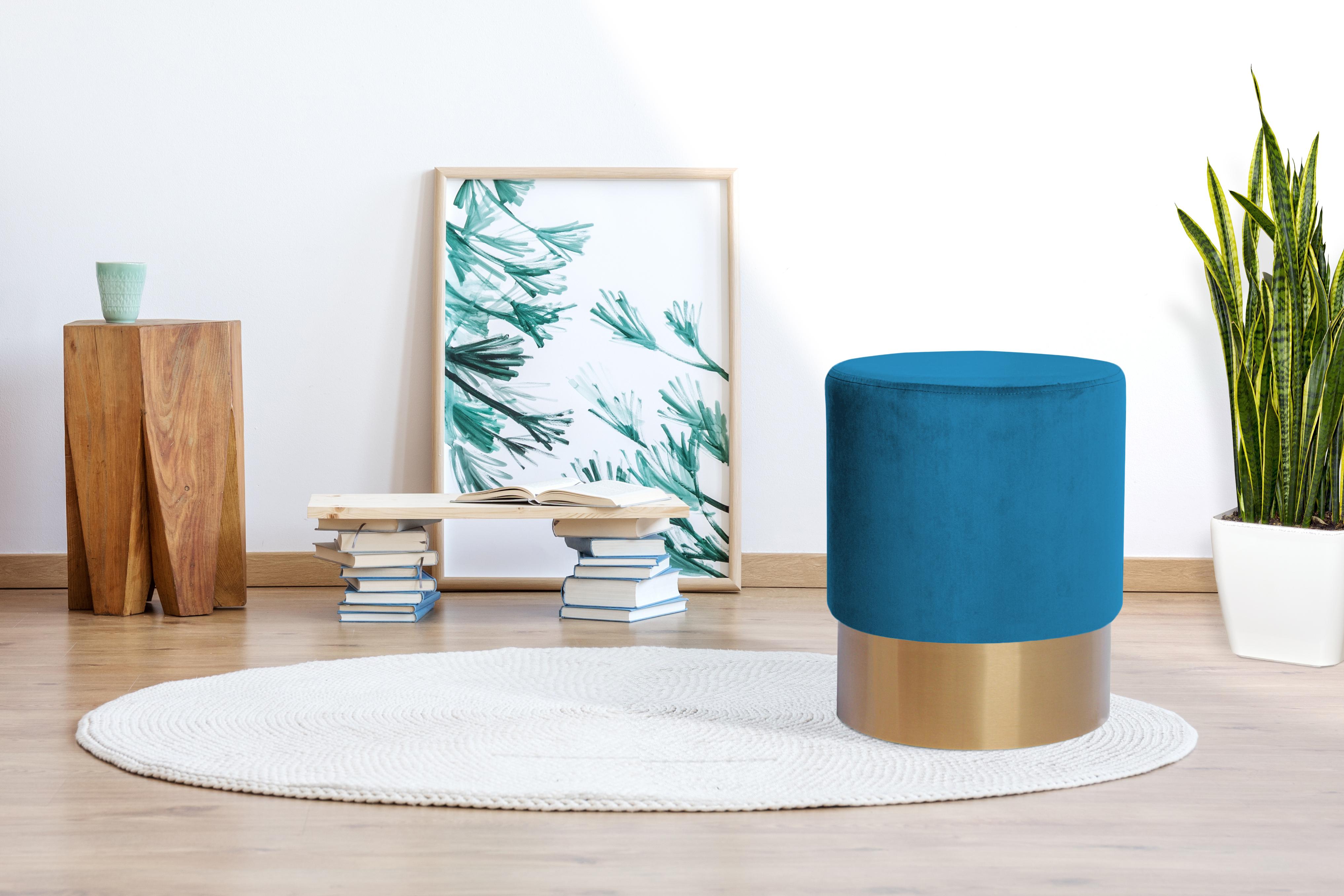 Hocker Samt Blau Sitz Gepolstert H: 42 Cm - Blau/Goldfarben, Basics, Holz/Holzwerkstoff (35/42cm) - Kayoom