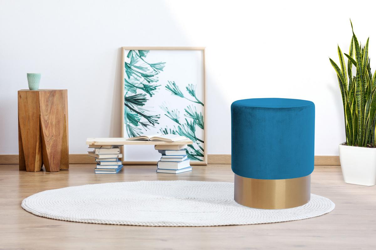 Hocker Samt Blau Sitz Gepolstert H: 42 Cm - Blau/Goldfarben, Basics, Holz/Holzwerkstoff (35/42cm) - Kayoom