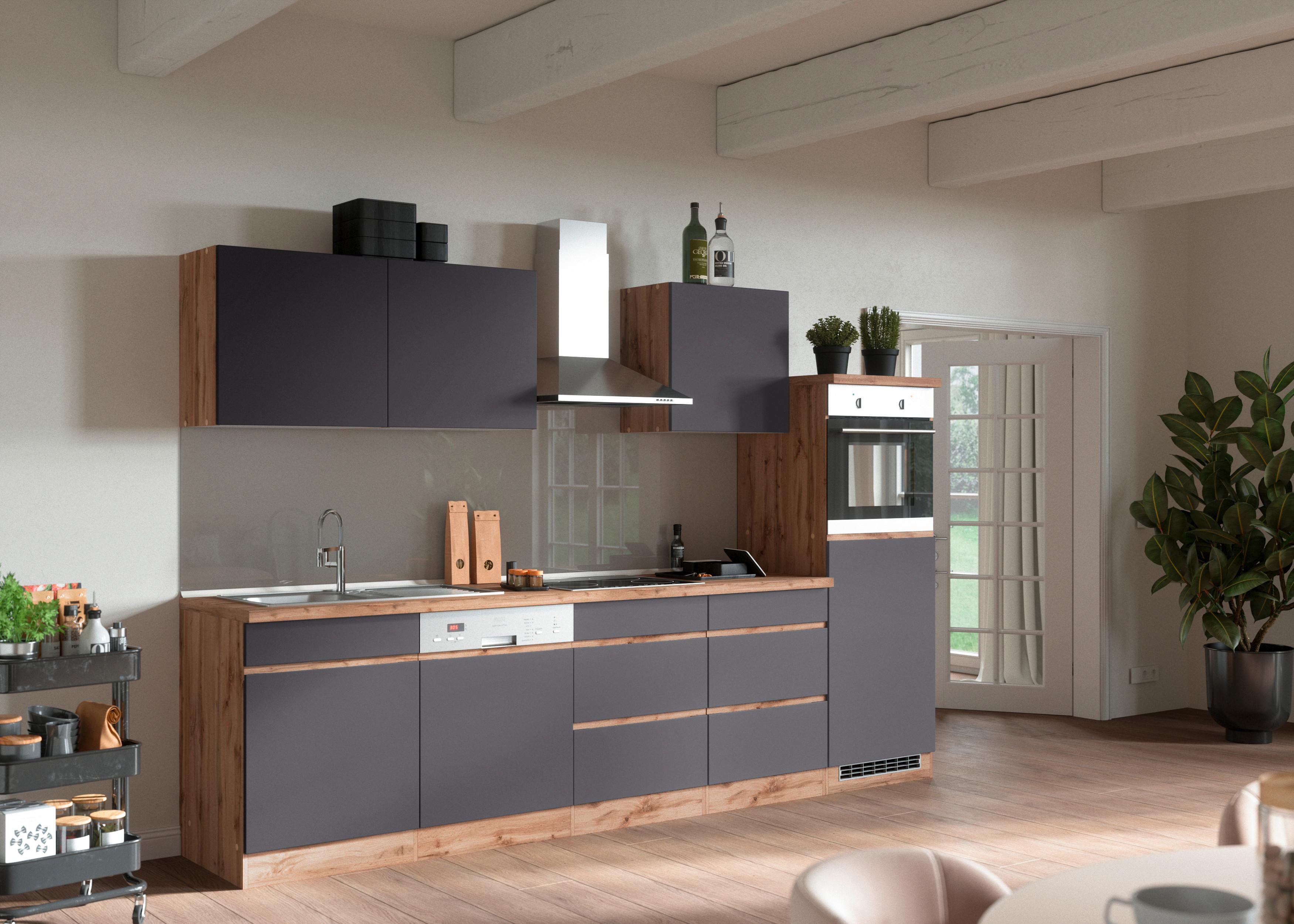 Küchenzeile Turin mit Geräten B: 300 cm Grau/Eiche Dekor - Eiche Wotan/Grau, Design, Holzwerkstoff (300cm) - Held