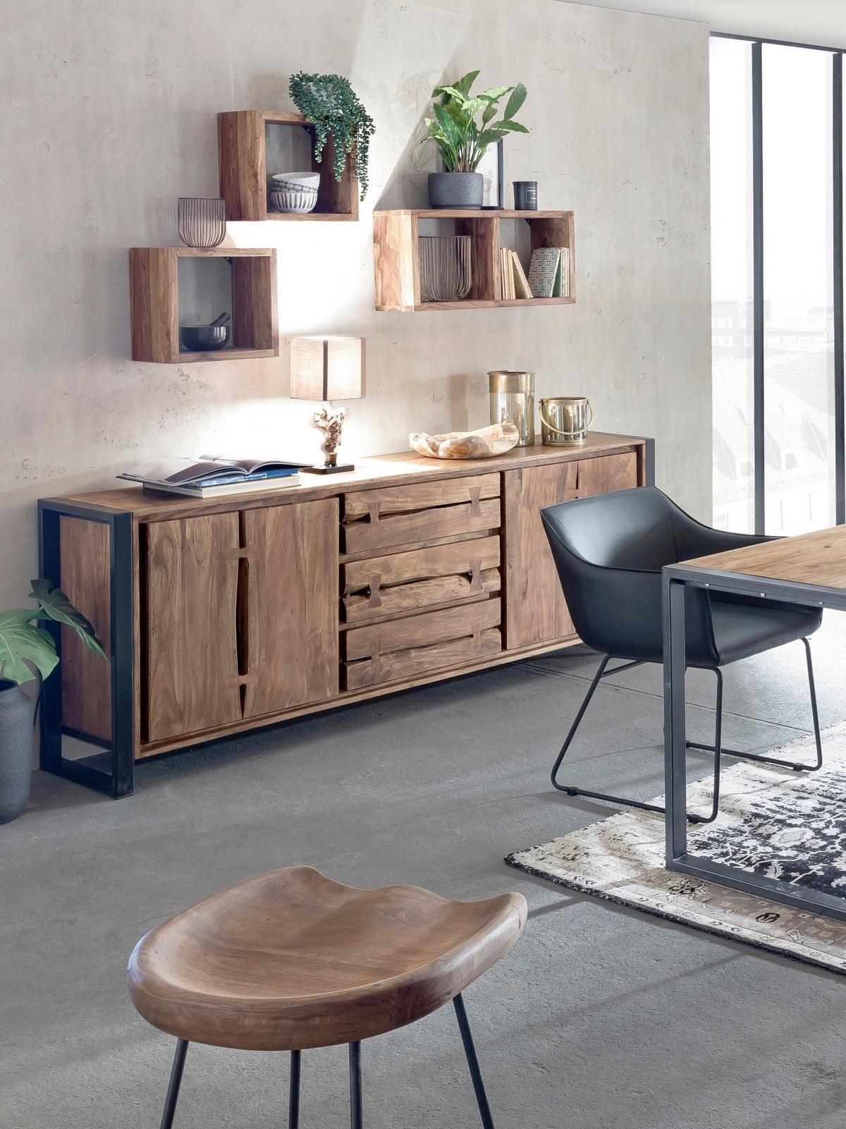Sideboard Akazie/Schwarz B: 200cm - Schwarz/Naturfarben, Design, Holz/Metall (200/80/40cm) - MID.YOU