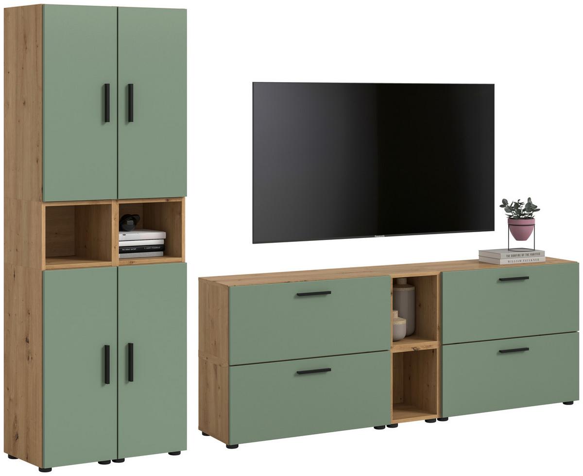 Wohnwand, The ONE 3, B: 260 cm Olivgrün/Artisan Eiche Dekor - Schwarz/Weiß, Trend, Holzwerkstoff (260/182/34cm)