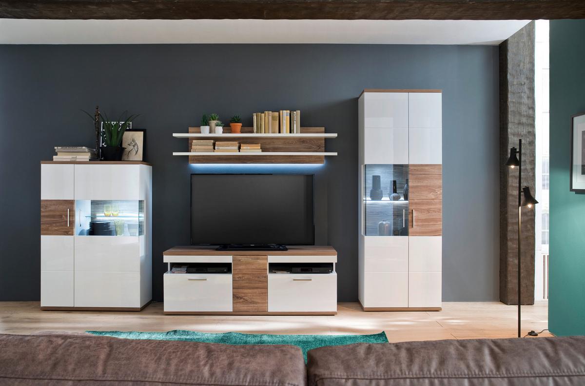 Wohnkombination 4-Tlg. Luzern Weiß/Eichefarben - Eichefarben/Weiß, Design, Glas/Holzwerkstoff (330/199/50cm) - Livetastic