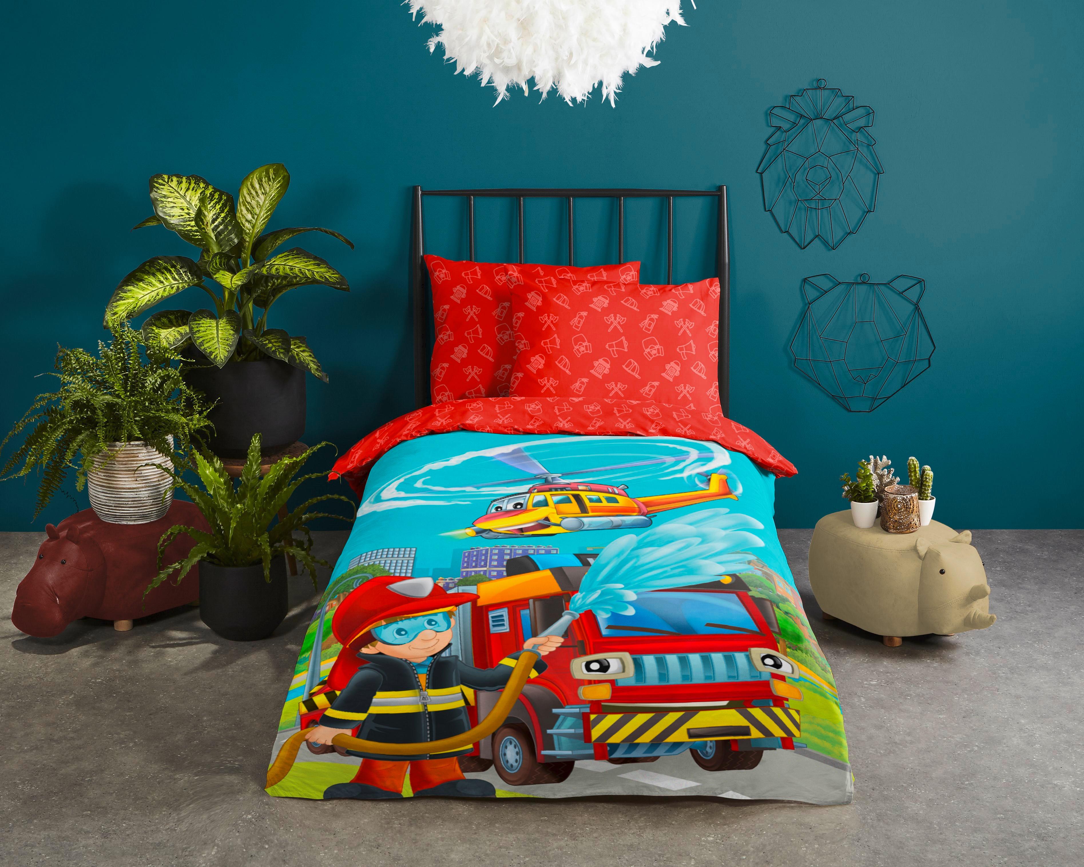 Kinderbettwäsche 140x200 cm Fire Feuerwehr - Multicolor, Basics, Textil (140/200cm)