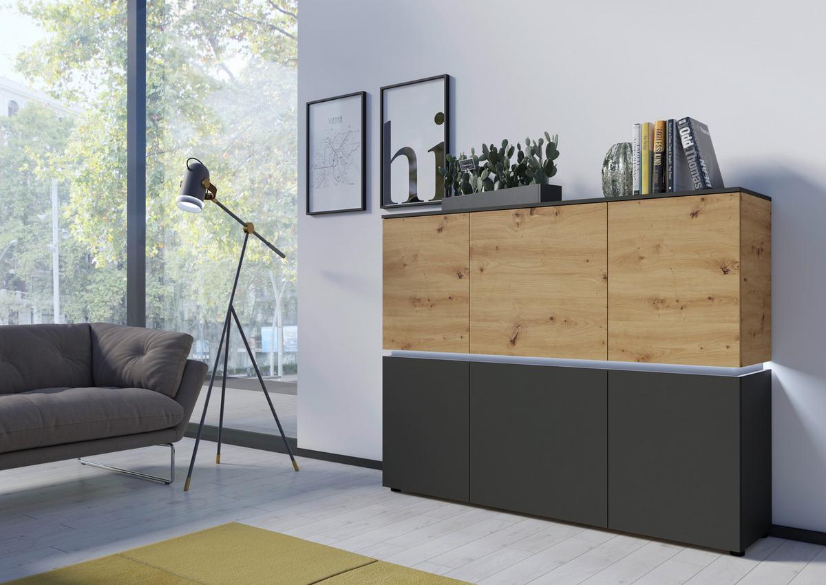 Sideboard Luci Grau Eiche Artisan/grau B: 165,5 Cm - Schwarz/Eiche Artisan, Trend, Holzwerkstoff (165,5/131,5/40cm) - MID.YOU