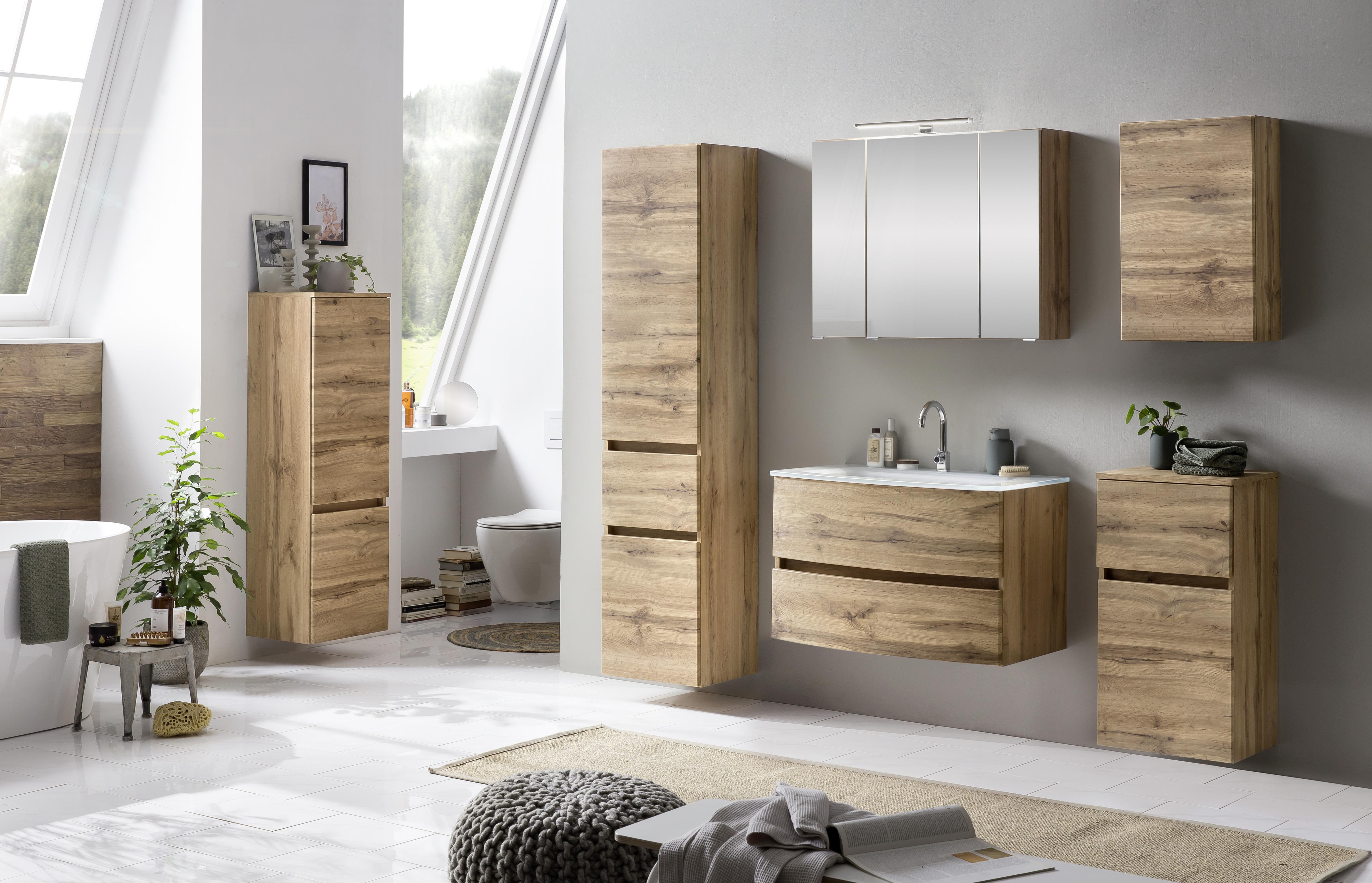 Badezimmer Hochschrank Kopenhagen BxH 40x180 cm - Eichefarben/Silberfarben, KONVENTIONELL, Holzwerkstoff (40/180/35cm) - Held