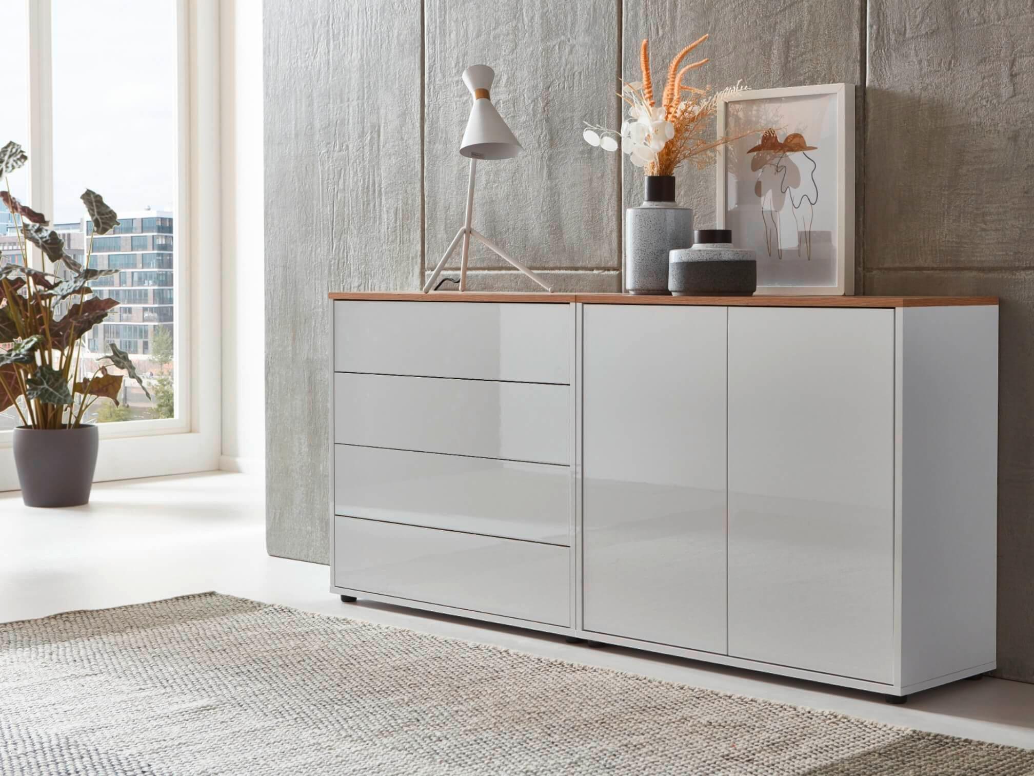Sideboard Mailand3b:158cm Weiß/eiche - Weiß Hochglanz/Schwarz, MODERN, Holzwerkstoff (158/73/33cm) - MID.YOU