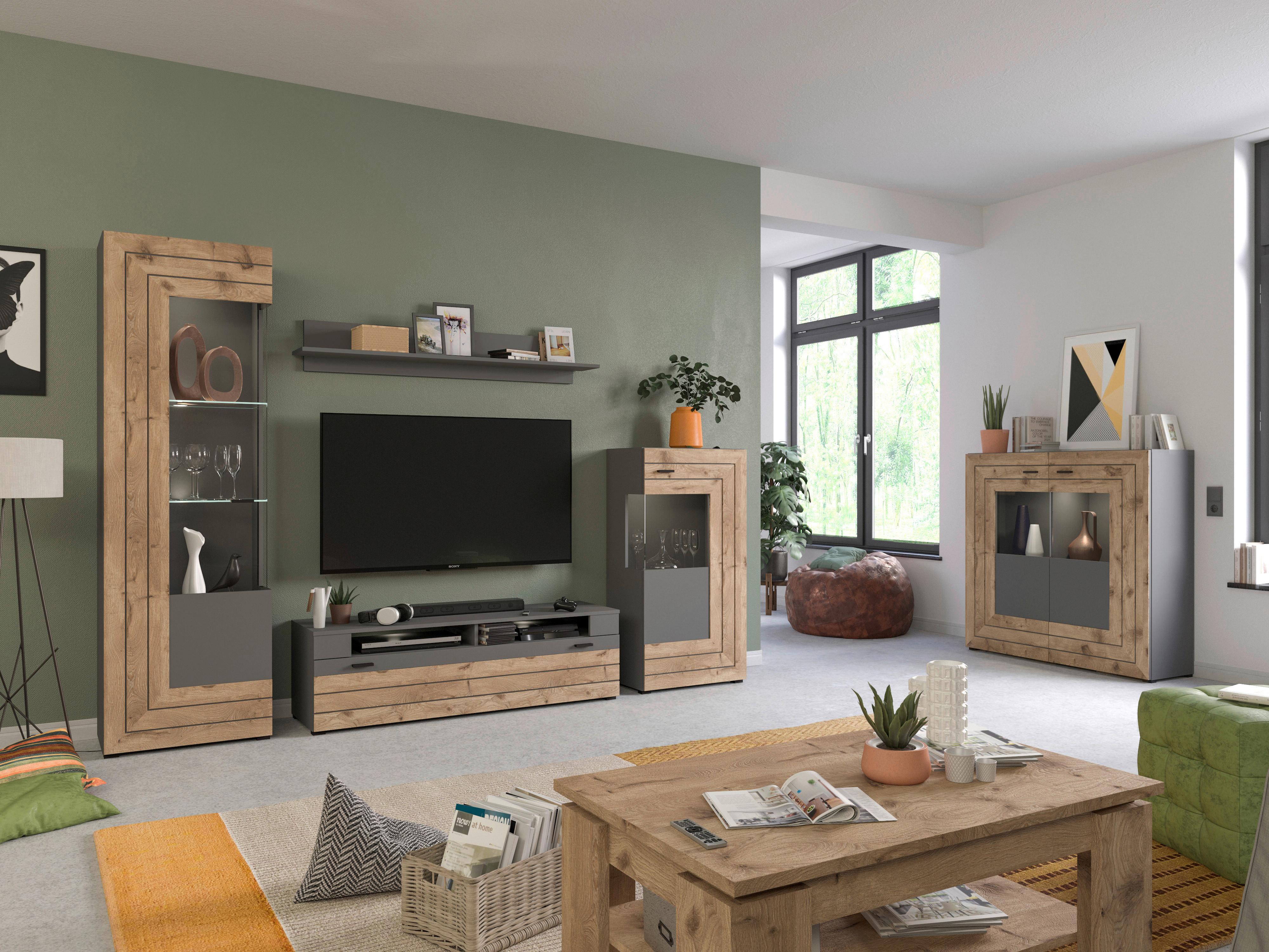 Wohnwand Freno Nox Oak B: 350 cm - KONVENTIONELL, Glas/Holzwerkstoff (350/195/40cm) - MID.YOU