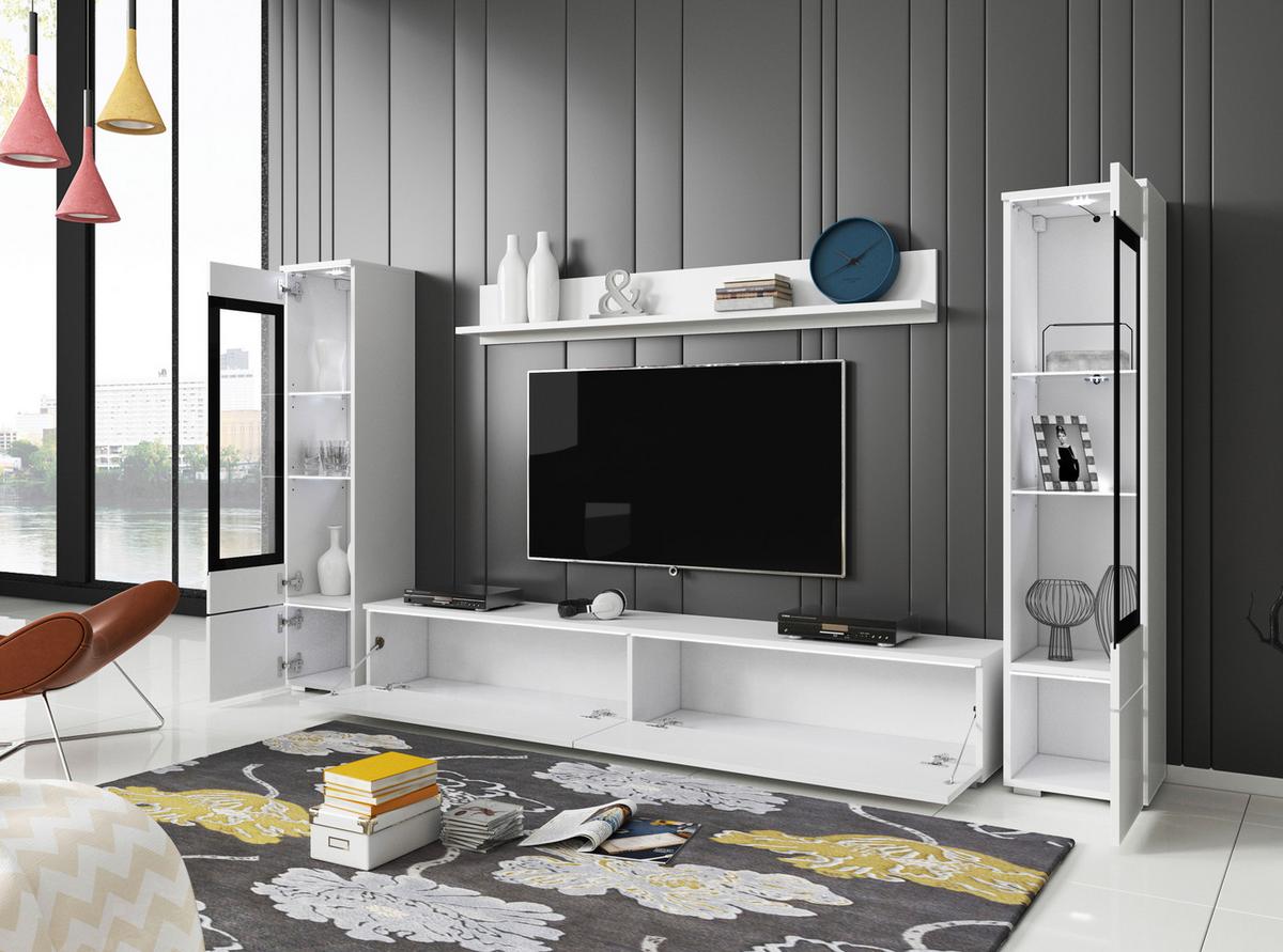 Obývacia stena s LED biela vysoký lesk - sivá/biela, Lifestyle, kompozitné drevo/plast (240/130/33cm) - P & B