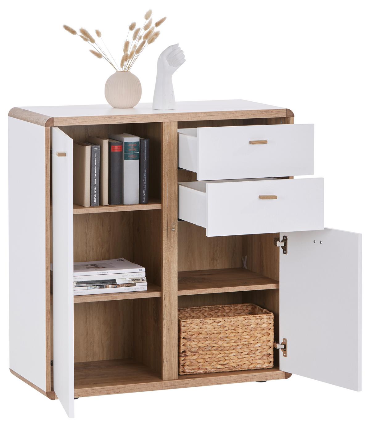 Kommode B: 86 cm Ronda Weiß/Eiche Dekor - Eichefarben/Weiß, MODERN, Holzwerkstoff (86/91/39cm)