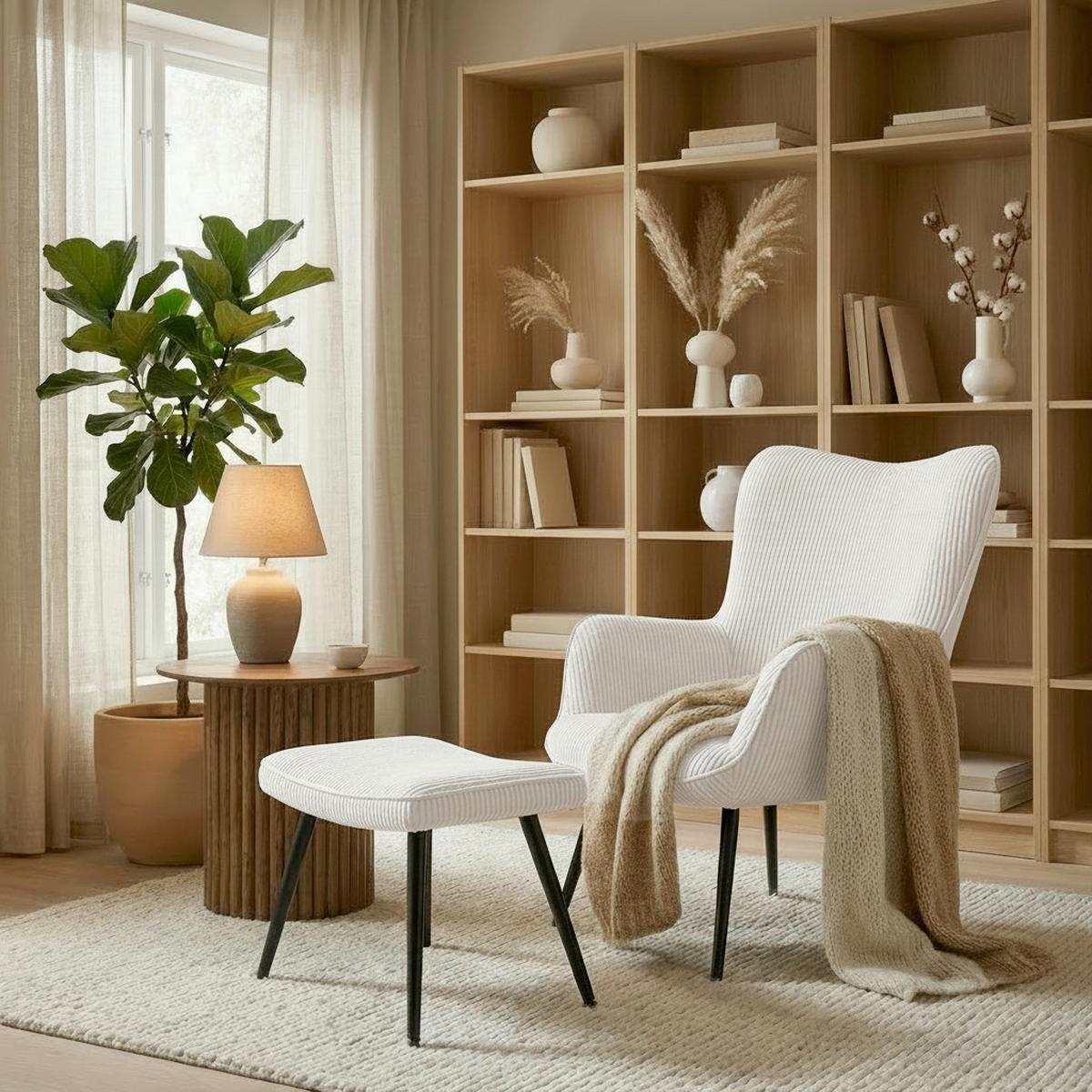 Kreslo s taburetkou AURORA, krémový menčester, max. 120 kg - čierna/krémová, Modern, kov/drevo (68/98/74cm) - Bessagi Home