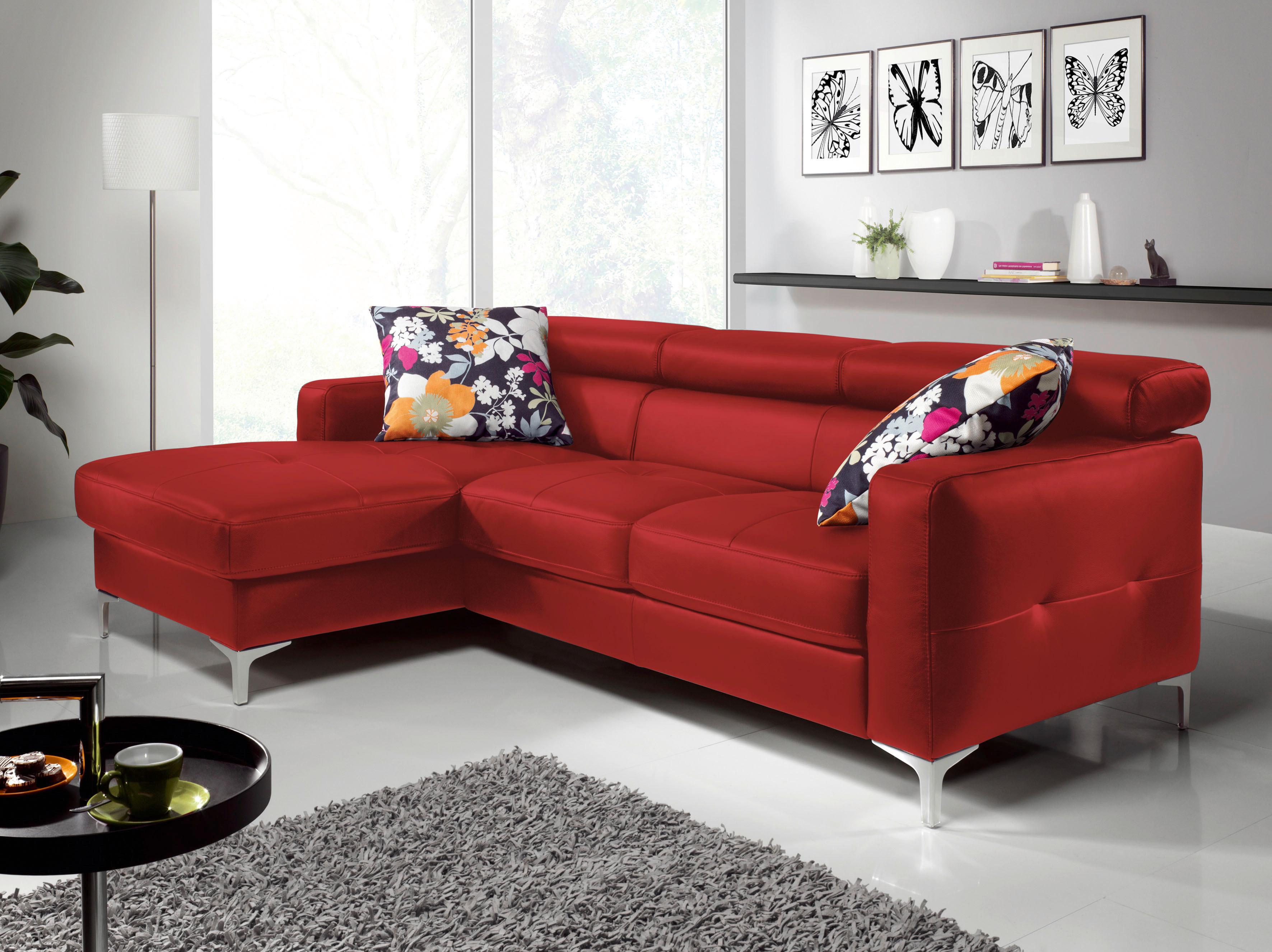 Ecksofa Mit Schlaffunktion Sammy Rot Leder - Chromfarben/Rot, Design, Leder (168/227cm) - Livetastic