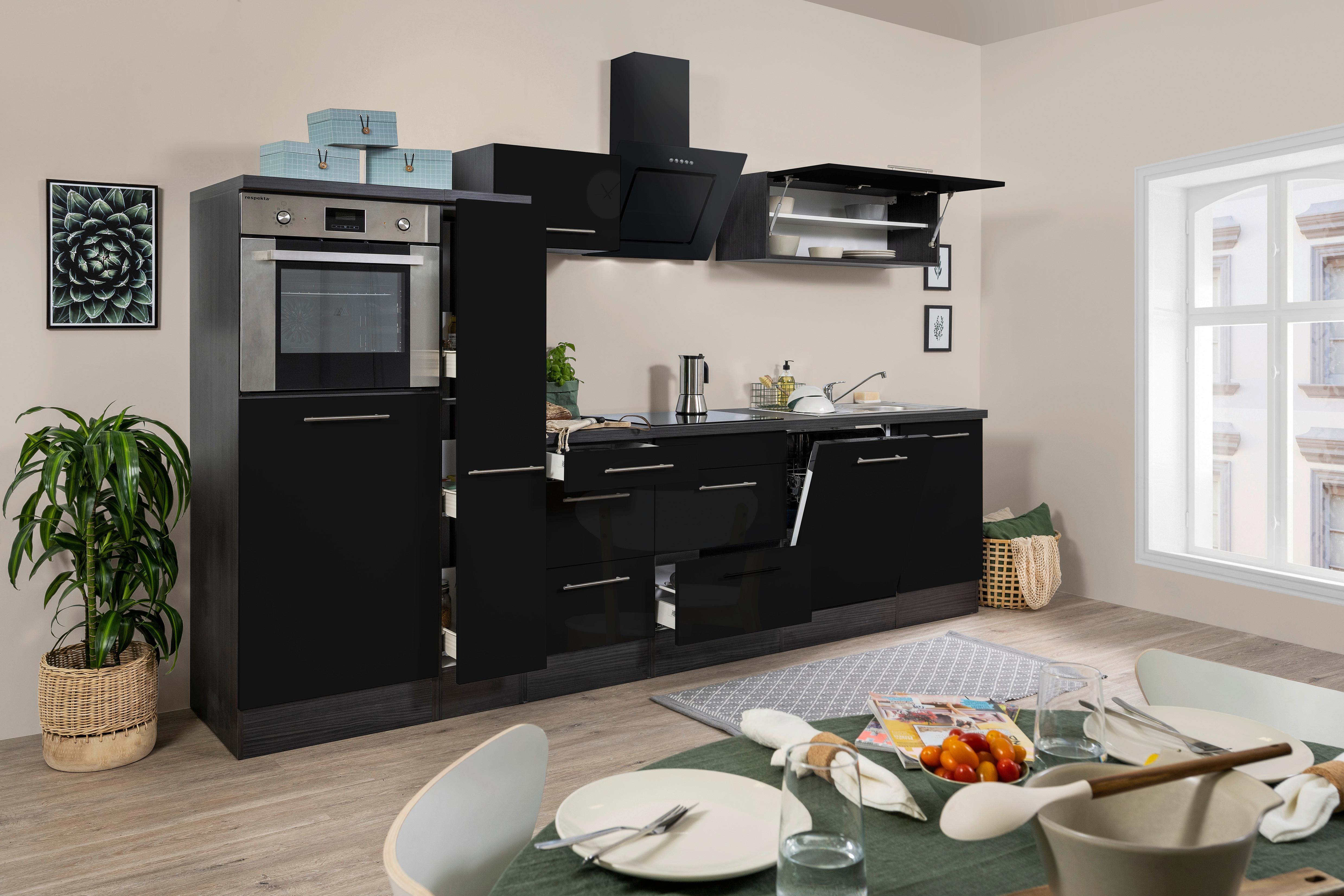 Küchenzeile mit Geräten 310 cm Schwarz Hochglanz/Grau - Eichefarben/Schwarz, Basics, Holzwerkstoff (310cm) - Respekta