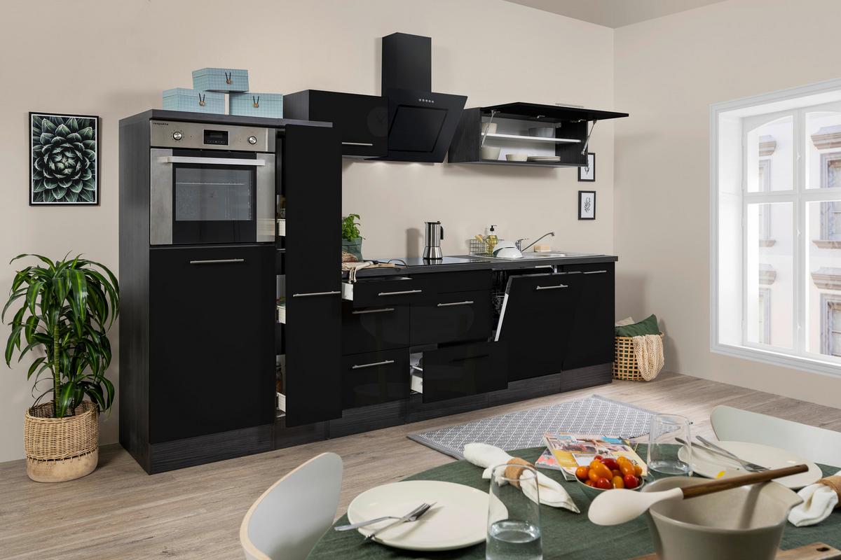 Küchenzeile mit Geräten 310 cm Schwarz Hochglanz/Grau - Eichefarben/Schwarz, Basics, Holzwerkstoff (310cm) - Respekta