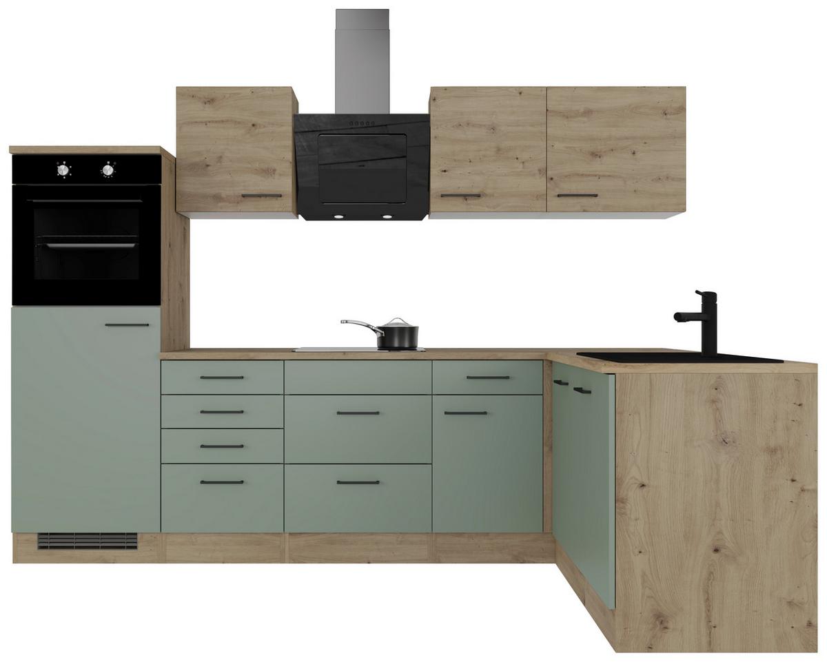 Küchenblock Cara Eiche Dekor Schilfgrün S: 280x170 Cm - Schilfgrün/Eiche Artisan, Basics, Holzwerkstoff (280cm) - FlexWell