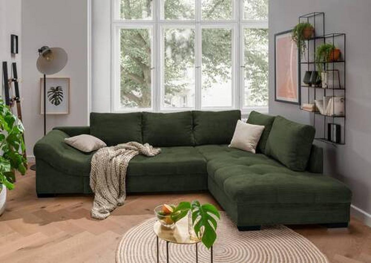 Ecksofa mit Schlaffunktion Alvito Dunkelgrün Kord - Dunkelgrün/Beige, Design, Textil (298/202cm) - MID.YOU