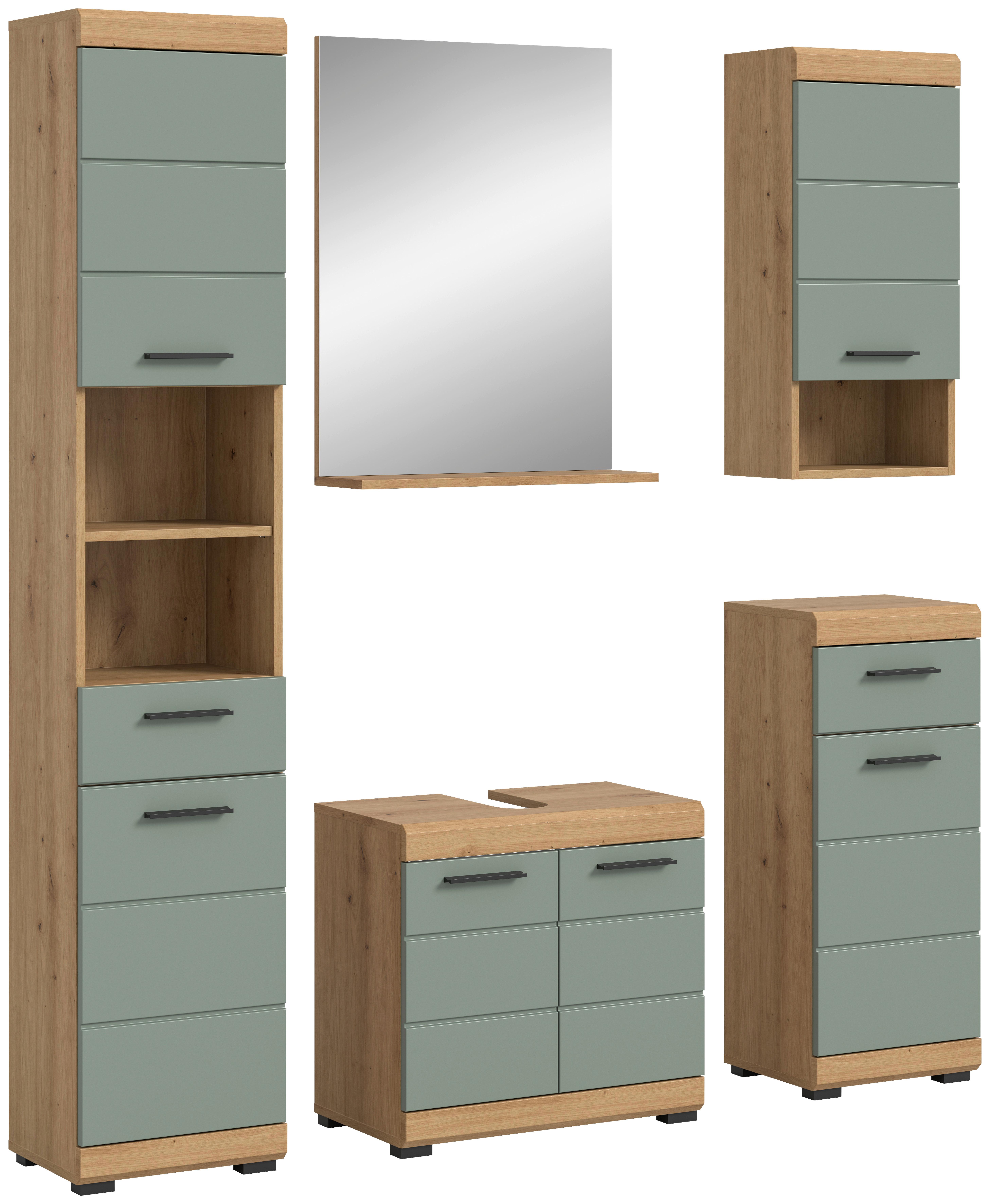 Badezimmer Scout Eiche Dekor/Salbeigrün B:134cm - Salbeigrün/Eichefarben, MODERN, Glas/Holzwerkstoff (134cm) - MID.YOU