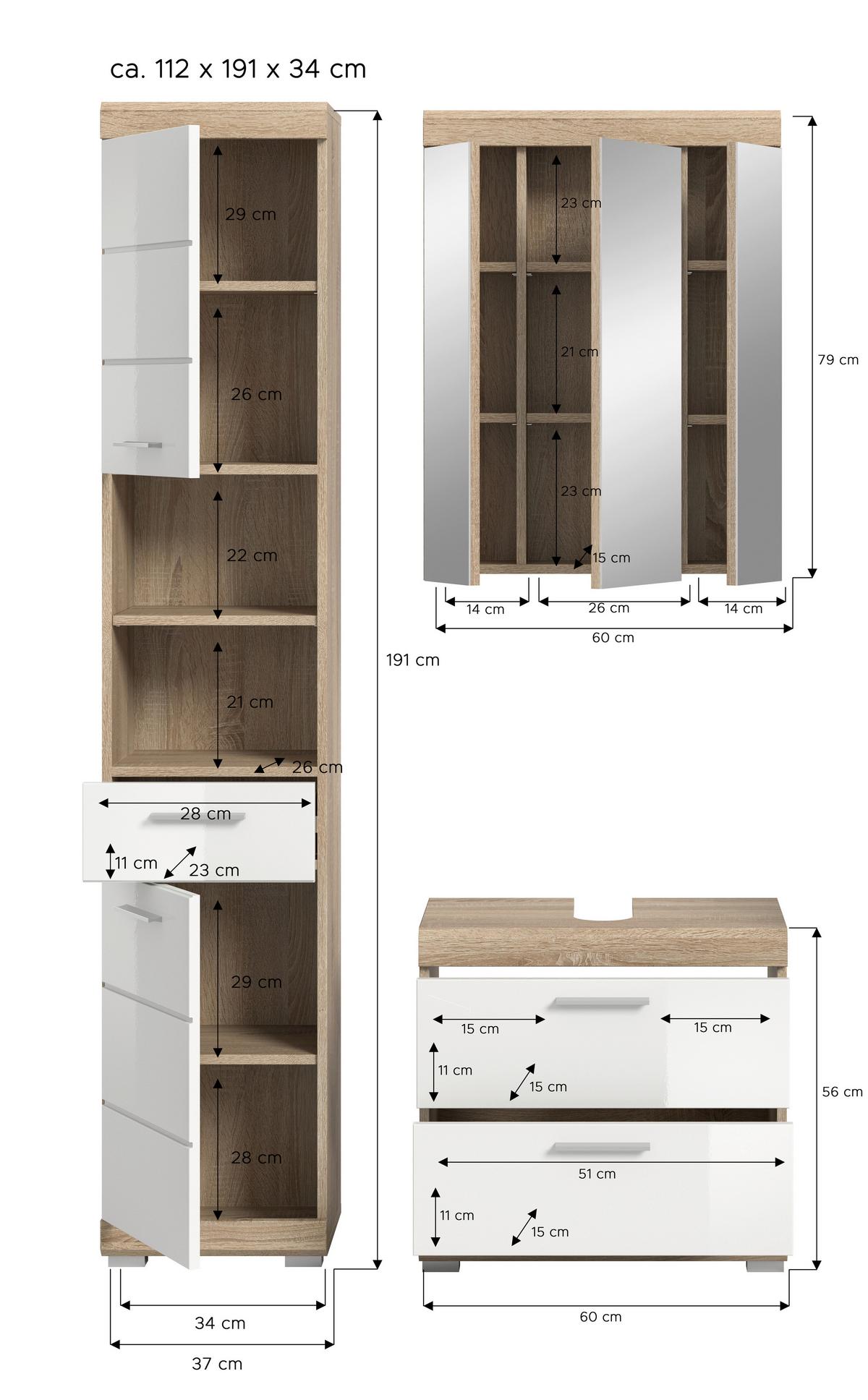 Badezimmer Lambada Eiche Dekor/weiß B: 97 Cm - Weiß Hochglanz/Silberfarben, MODERN, Glas/Holzwerkstoff (97cm) - MID.YOU