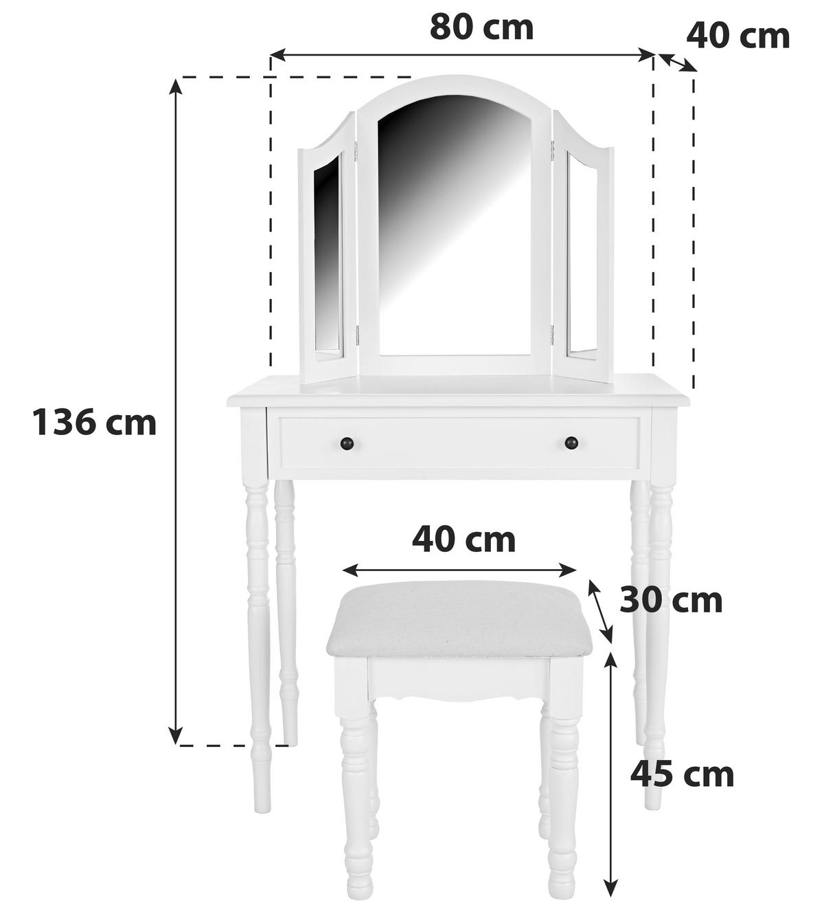 Schminktisch Silvia Weiß B: 80 Cm Mit Lade + Spiegel + Hocker - Weiß, ROMANTIK / LANDHAUS, Glas/Holz (80/136/40cm) - MID.YOU