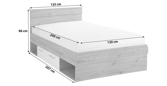 Stauraumbett 120x200 cm Box, Artsan Eiche Dekor/Weiß - Blau/Eichefarben, MODERN, Holzwerkstoff (120/200cm) - Ondega
