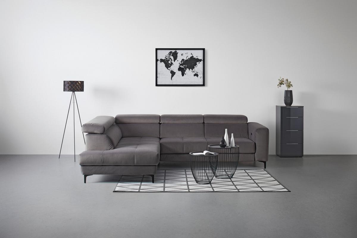 Rohová sedačka EMMA, ľavá, sivá,nast.op.hl,USB,el.výsuv - čierna/sivá, Modern, textil (210/301cm) - Premium Living