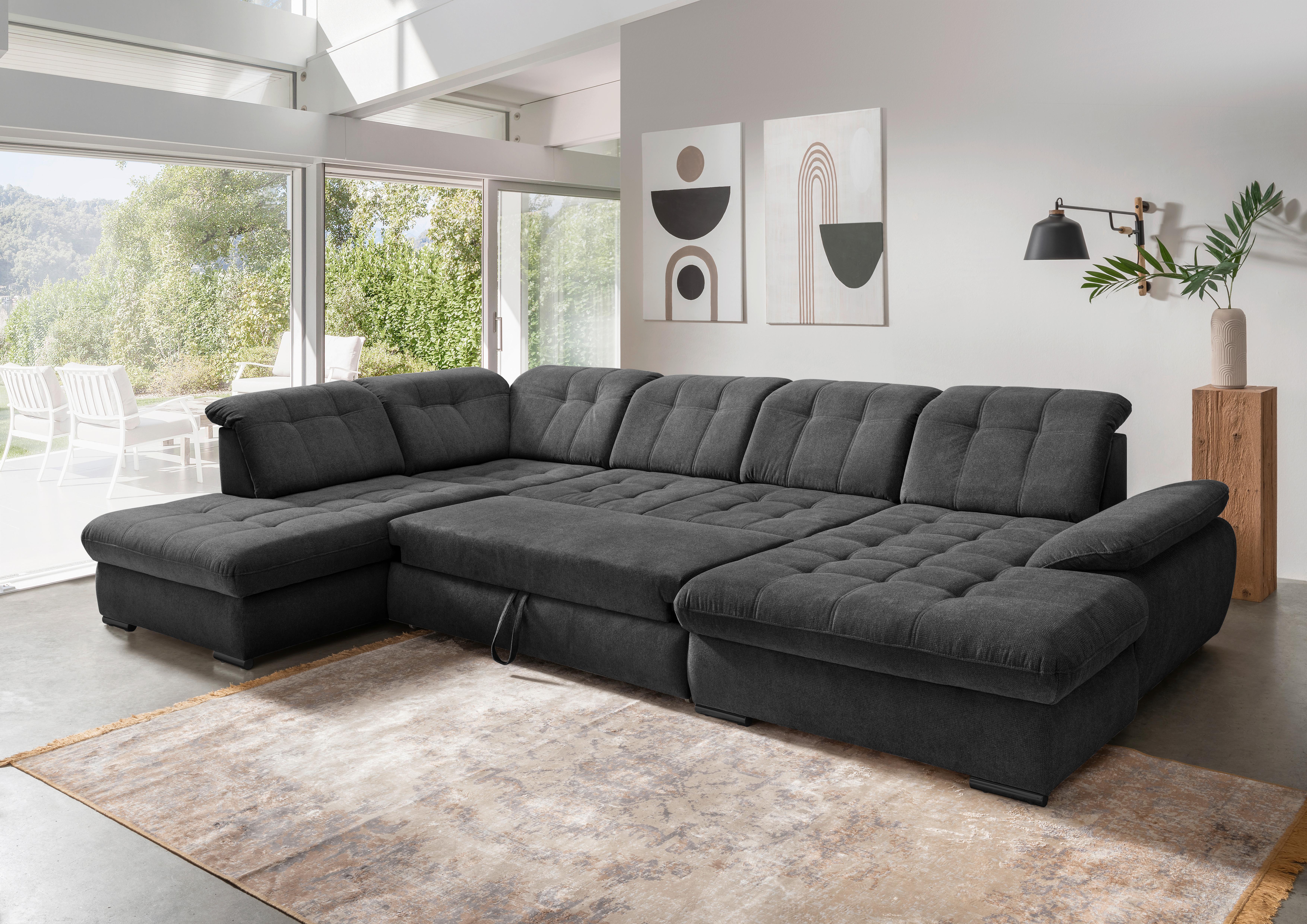 Wohnlandschaft mit Bettkasten Rigatti Anthrazit B: 387 cm - Anthrazit/Schwarz, MODERN, Textil (252/387/184cm) - Livetastic