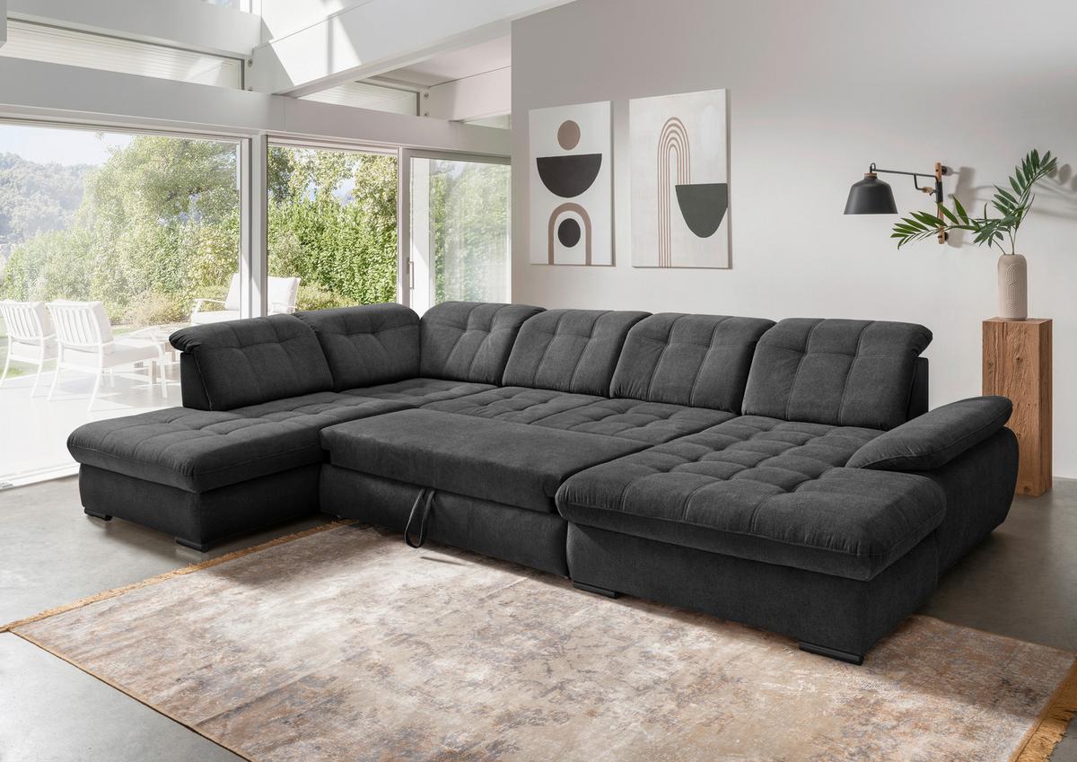 Wohnlandschaft Mit Bettkasten Rigatti Anthrazit B: 387 Cm - Anthrazit/Schwarz, MODERN, Textil (252/387/184cm) - Livetastic