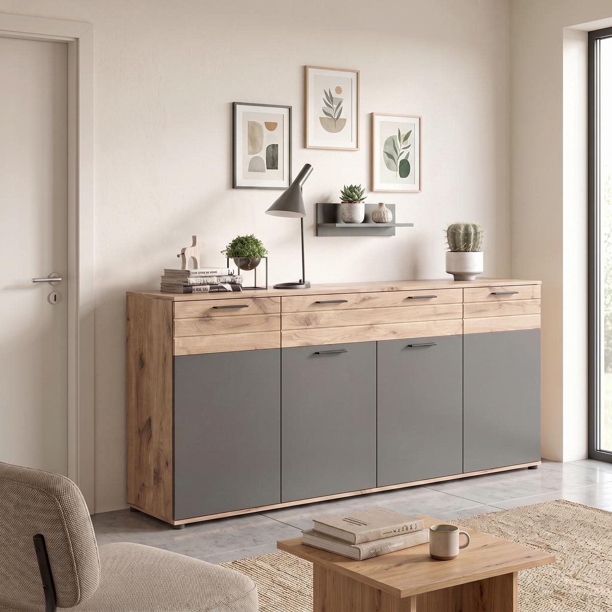 SIDEBOARD Mason Grau B: 200 cm - Schwarz/Grau, KONVENTIONELL, Holzwerkstoff (200/91/40cm) - MID.YOU