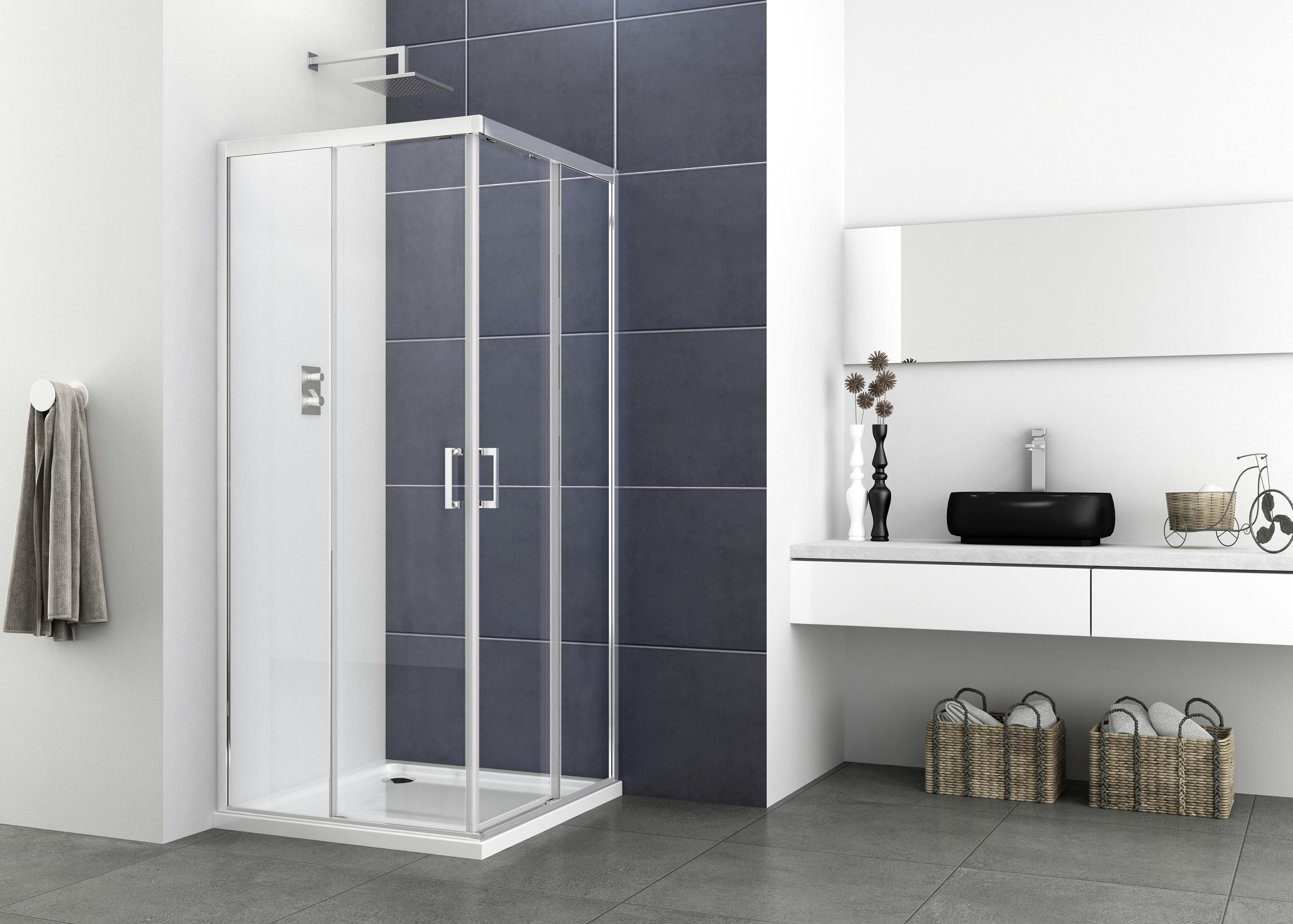 Duschkabine Elite + Soft Close Antikalkbes., Eckeinstieg - Chromfarben, Basics, Glas/Metall (80/195/80cm)
