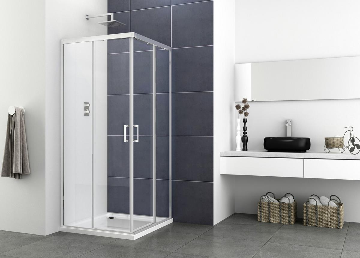 Duschkabine Elite + Soft Close Antikalkbes., Eckeinstieg - Chromfarben, Basics, Glas/Metall (80/195/80cm)