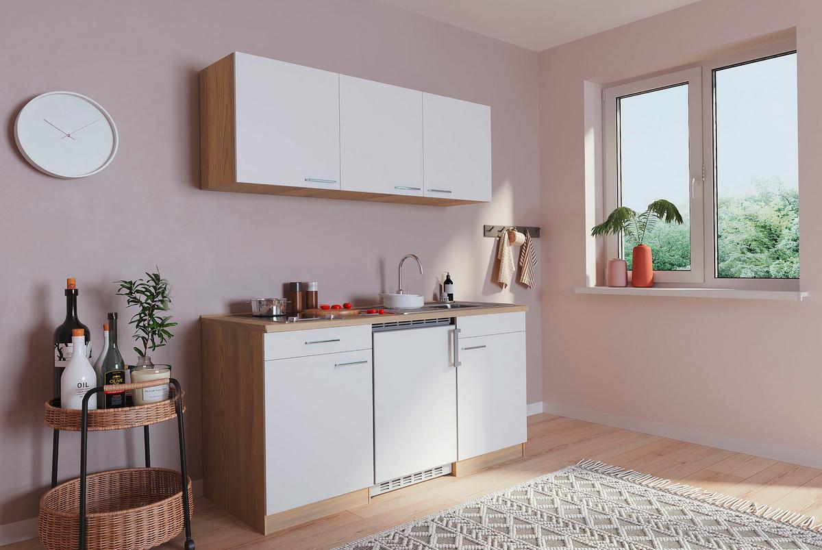 Miniküche mit Kühlschrank + Kochfeld 150 cm Weiß/Eiche - Eichefarben/Weiß, Basics, Holzwerkstoff (150cm) - Respekta