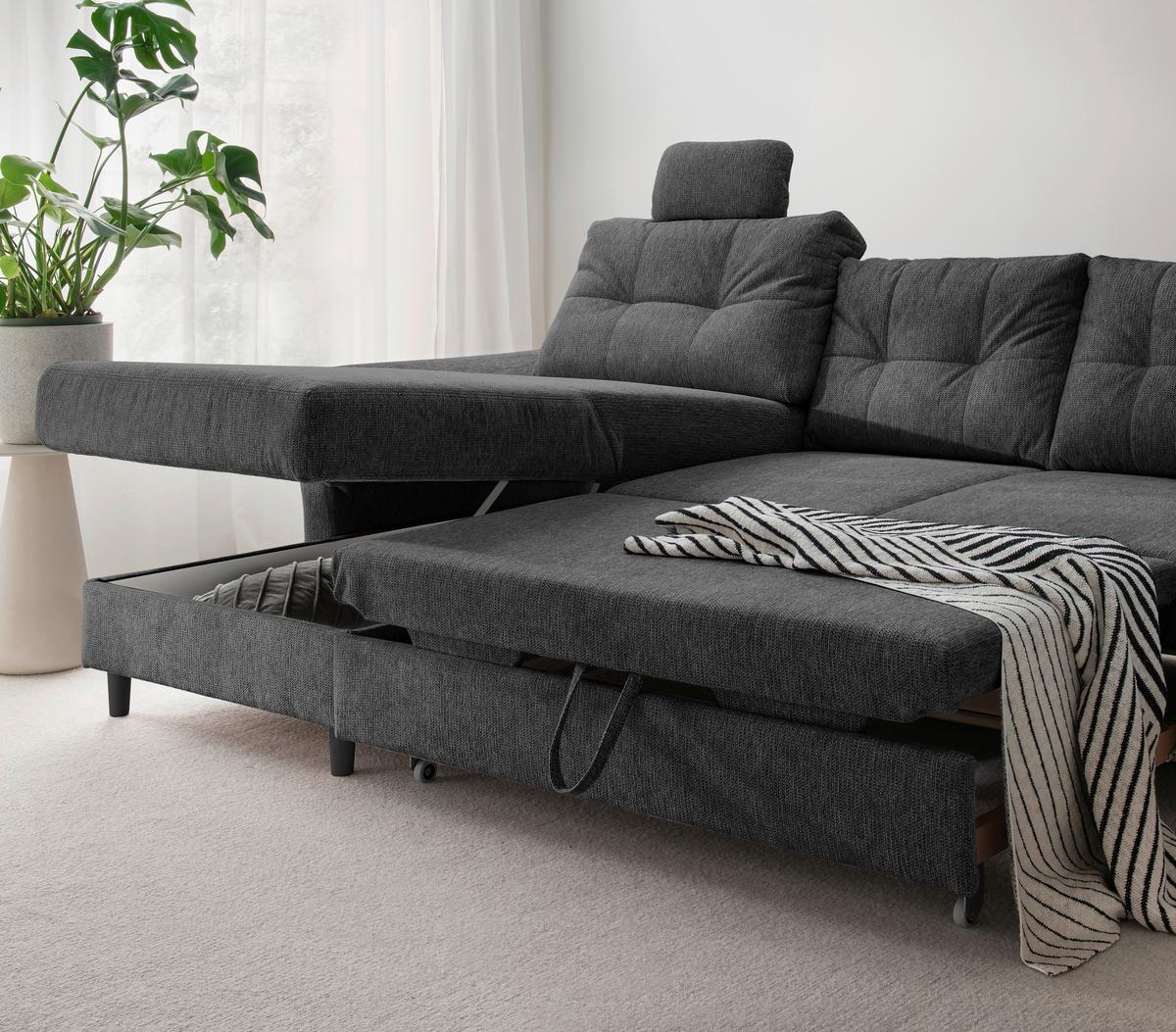 Wohnlandschaft Brizzini mit Schlaffunktion, Anthrazit - Anthrazit/Schwarz, MODERN, Textil (176/338/206cm) - Livetastic