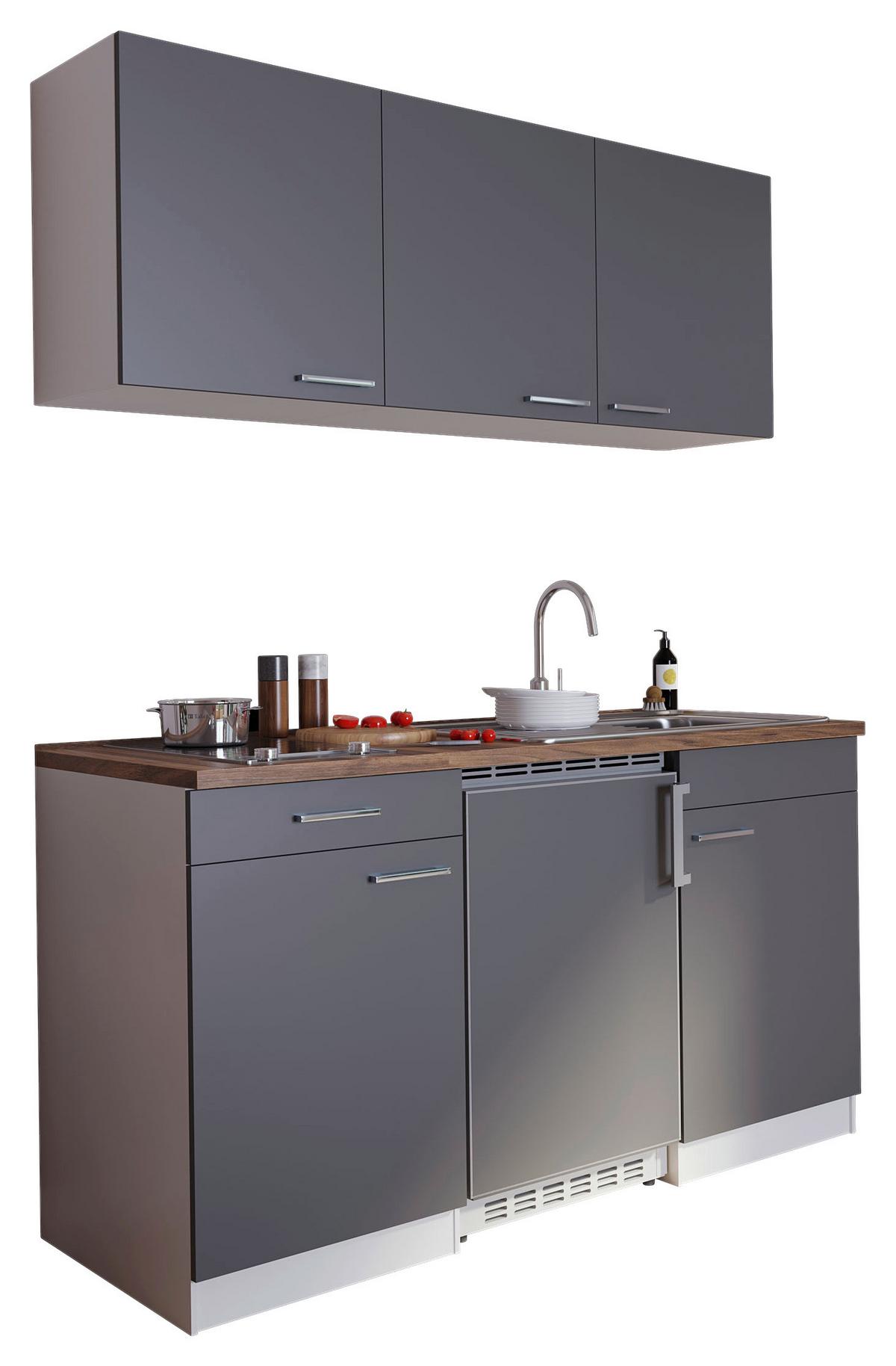 Miniküche Economy M. Geräten 150 Cm Grau/ Nussbaum Dekor - Nussbaumfarben/Weiß, Basics, Holzwerkstoff (150/200/60cm) - Respekta