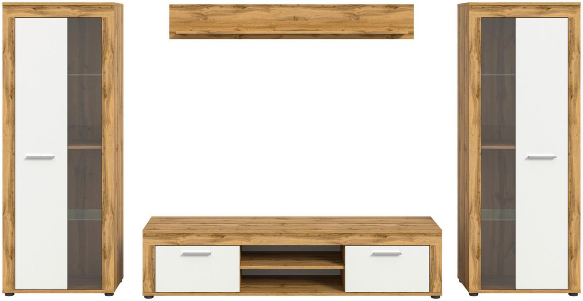 Wohnwand Jam Eiche Wotan Dekor B: 310cm - Eiche Wotan/Schwarz, Design, Glas/Holzwerkstoff (310/159/35cm) - MID.YOU