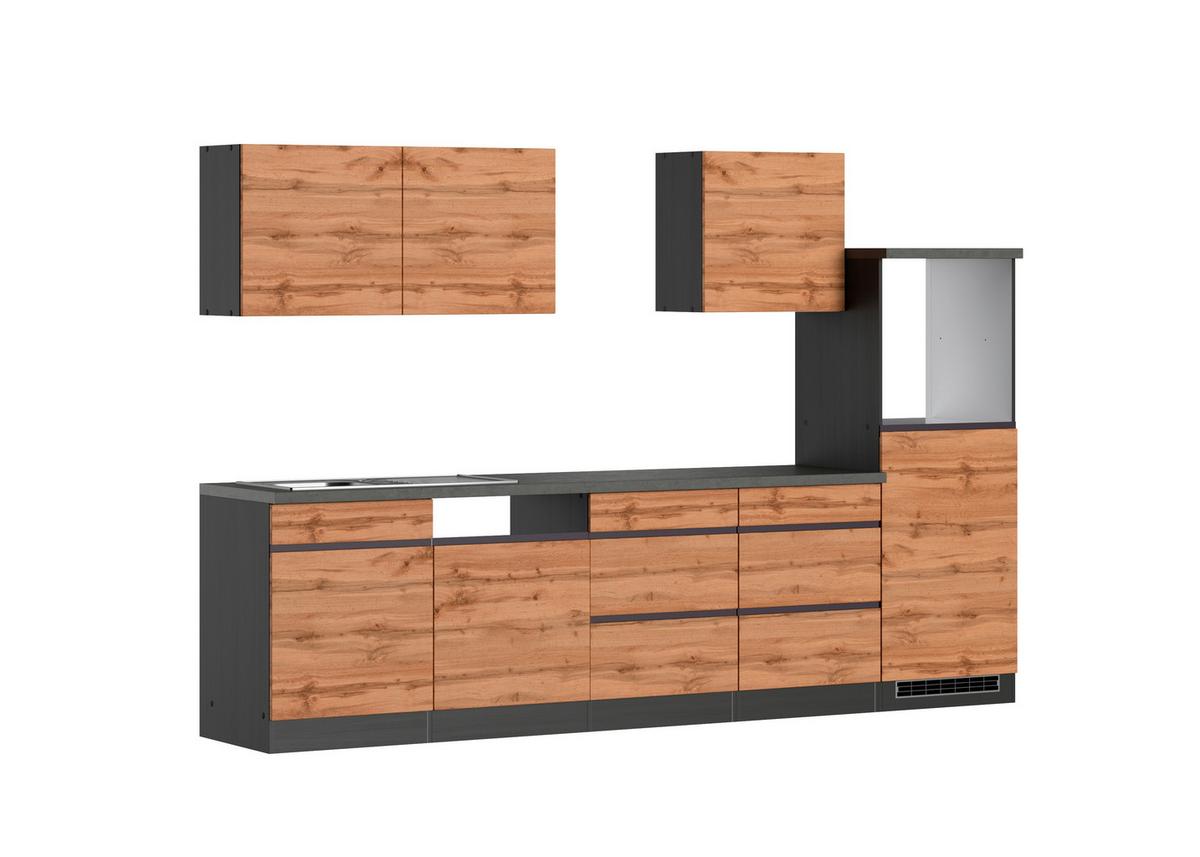 Küchenzeile Turin ohne Geräte B: 300 cm Graphitfarben/Eiche - Eiche Wotan/Graphitfarben, Design, Holzwerkstoff (300cm) - Held