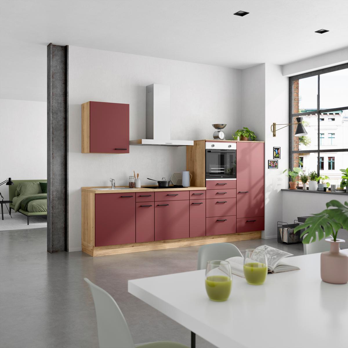 Küchenleerblock Easytouch Low-Line, L4 Rechts - Eichefarben/Rot, MODERN, Holzwerkstoff (300cm) - Nobilia