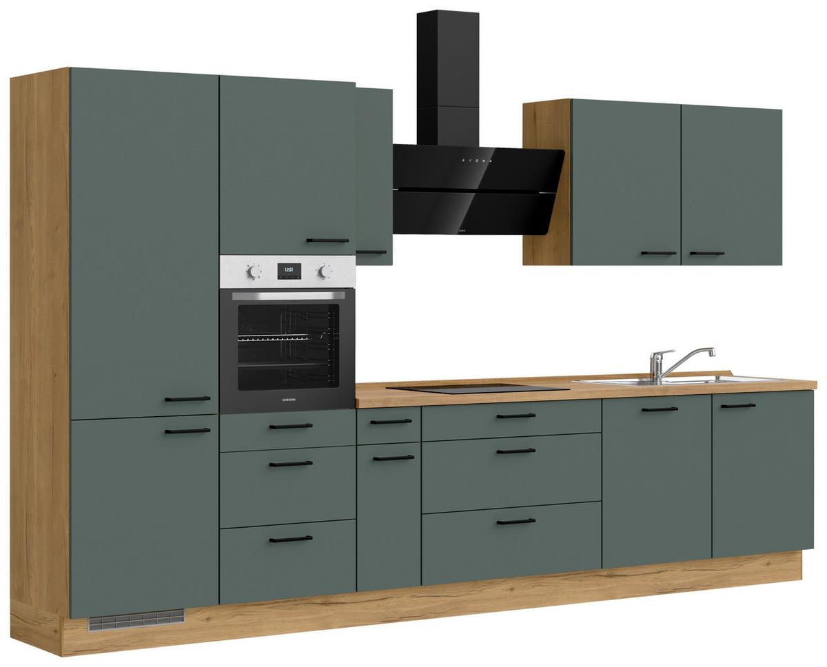 Kuchyňská linka 360 cm, minerální zelená,ultra matná - barvy dubu/černá, Moderní, kov/kompozitní dřevo (360cm) - Nobilia