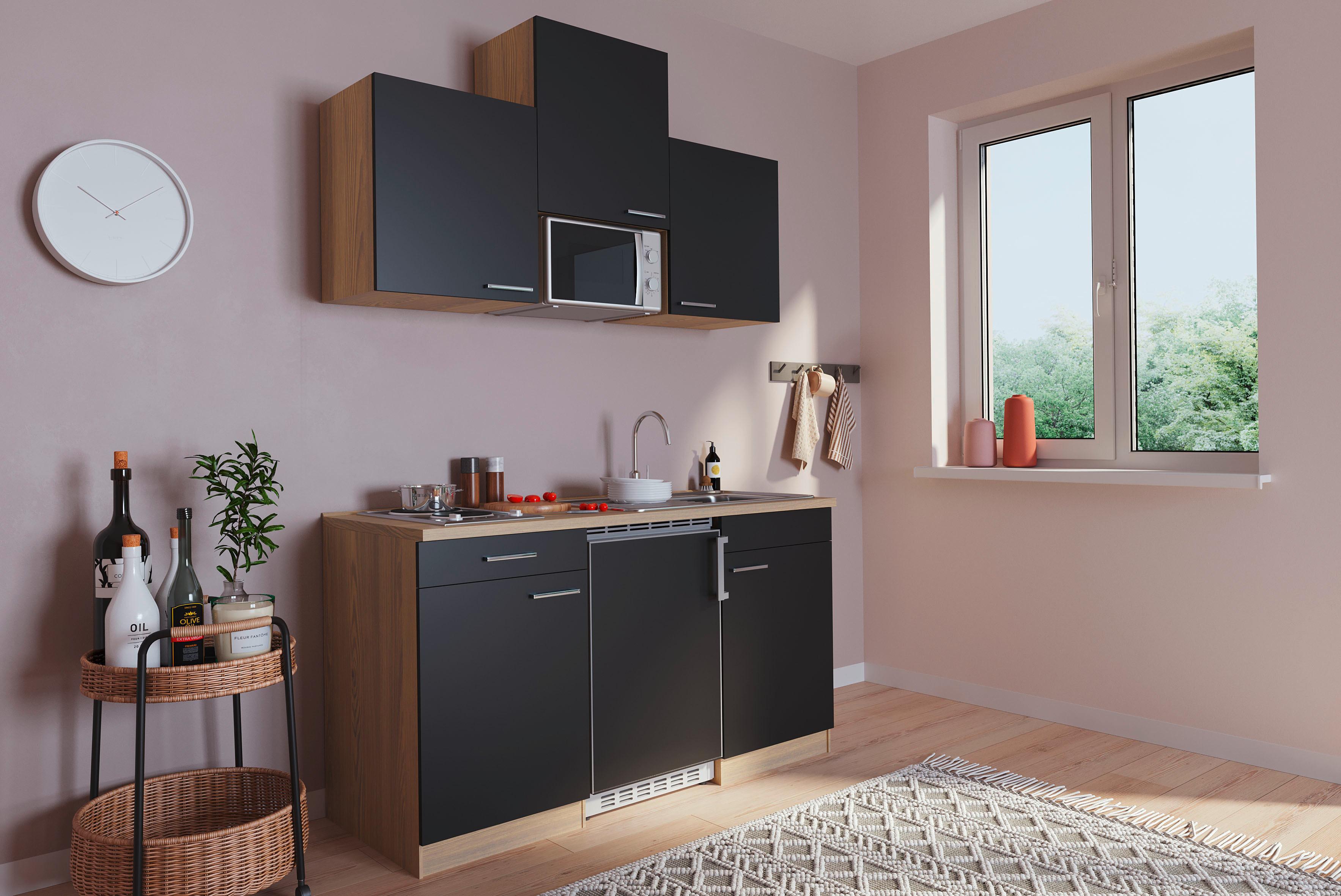 Miniküche mit Mikrowelle + Kühlschrank 150 cm Schwarz - Eichefarben/Schwarz, Basics, Holzwerkstoff (150cm) - Respekta