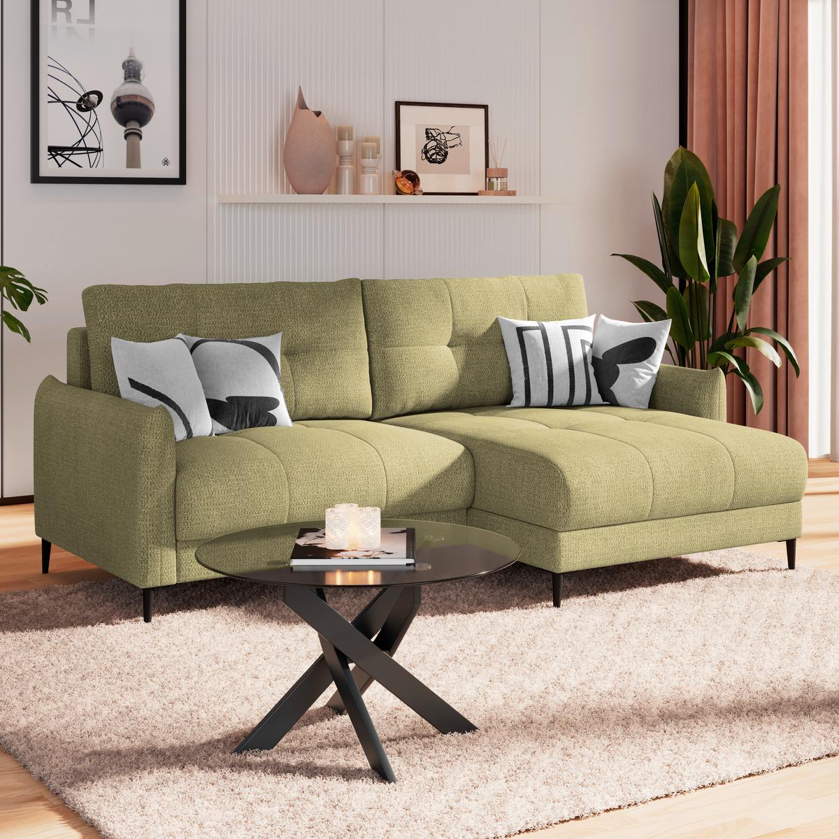 Ecksofa Polis Webstoff hellgrün, 221x142cm - Schwarz/Hellgrün, Trend, Textil (221/142cm) - Ondega